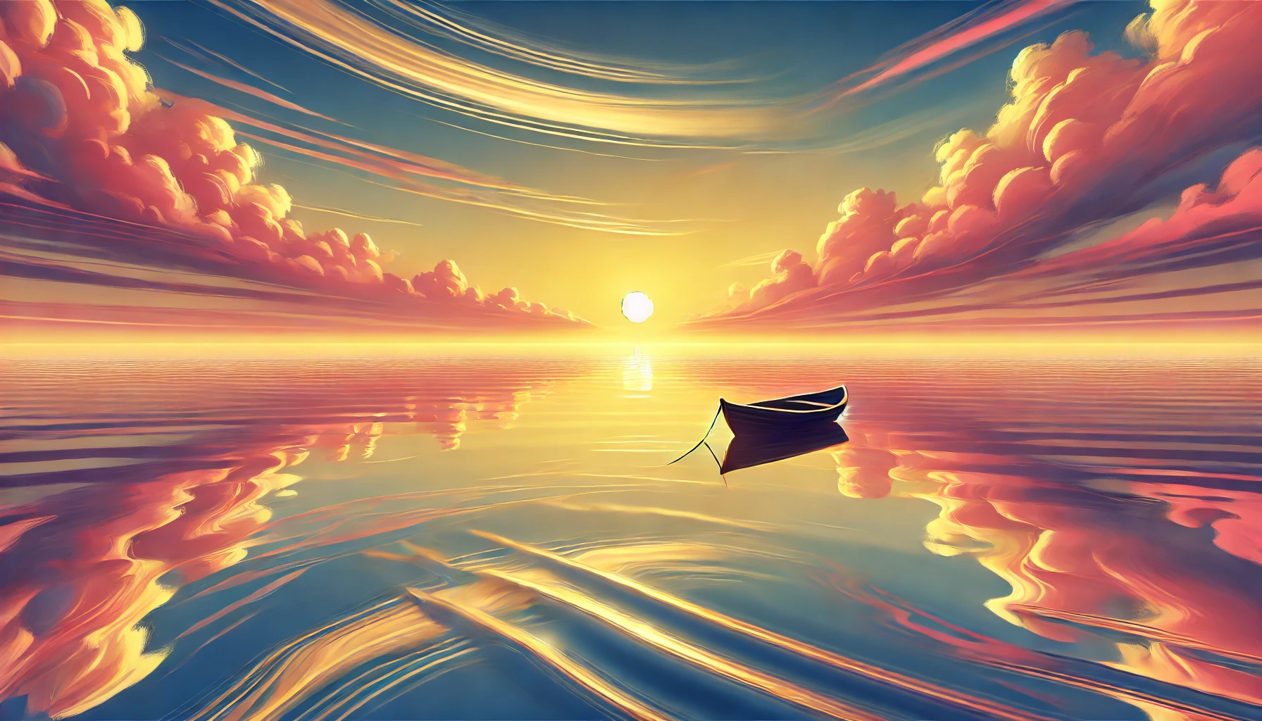 A calm lake at sunset, with gentle ripples reflecting the golden and pink hues of the sky.