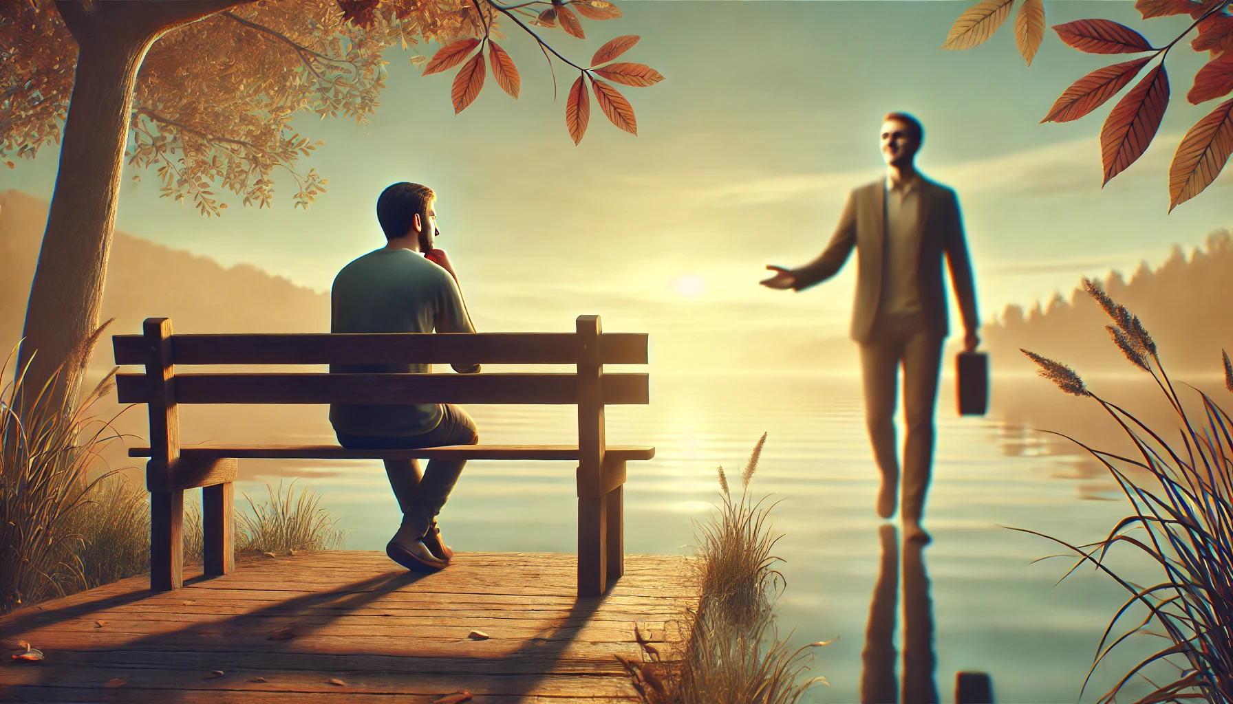A calm, reflective scene where one individual is sitting alone on a wooden bench by a lake.