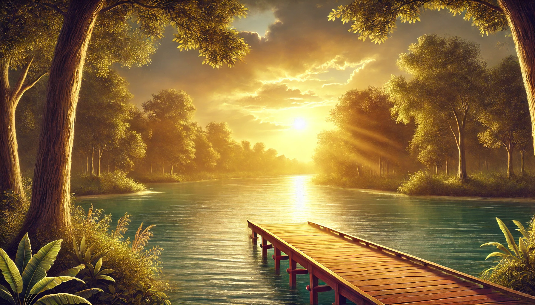 A calm riverside at sunset.