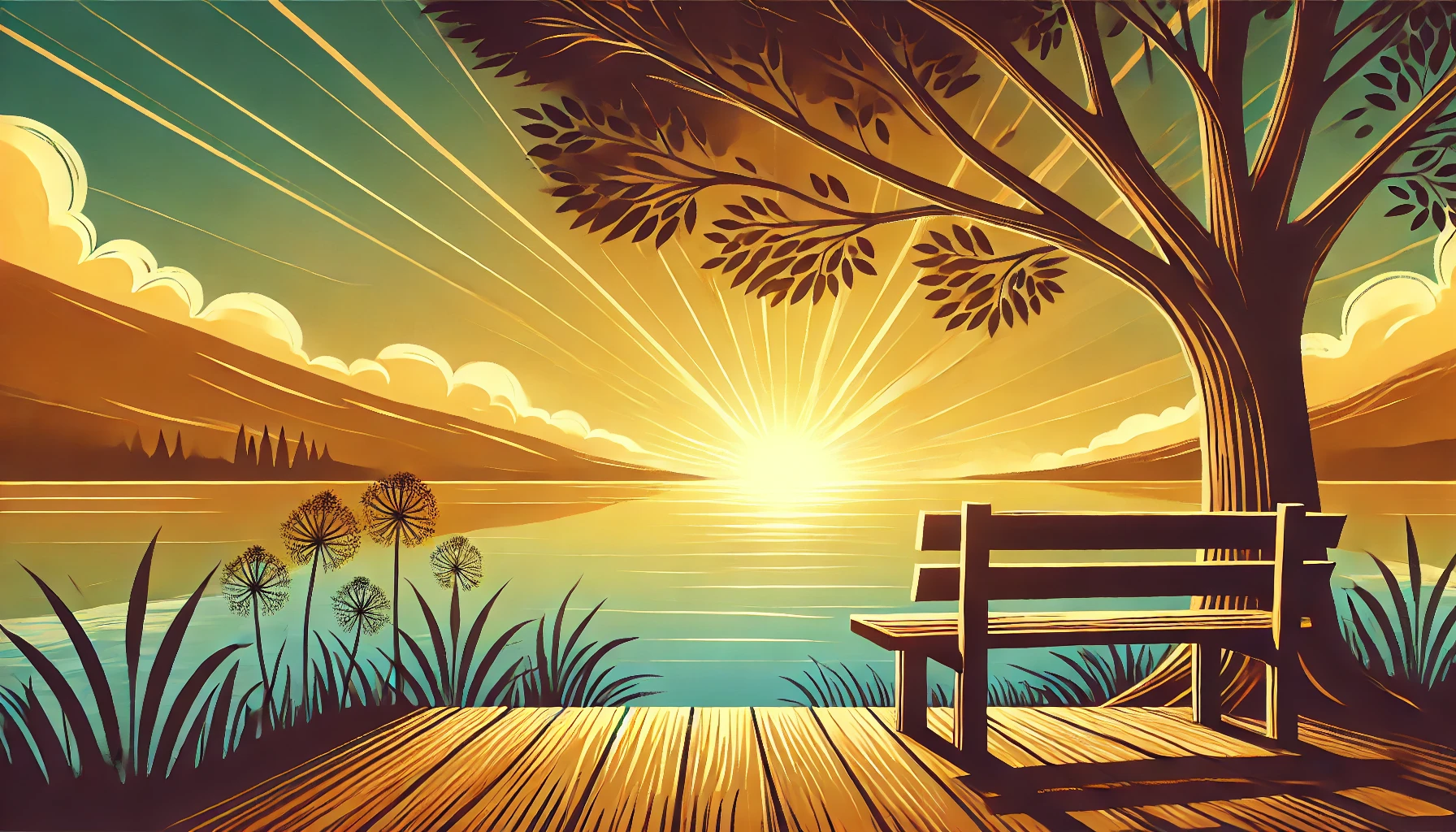 A calm riverside with a wooden bench under a tree, overlooking the water during a golden sunset.