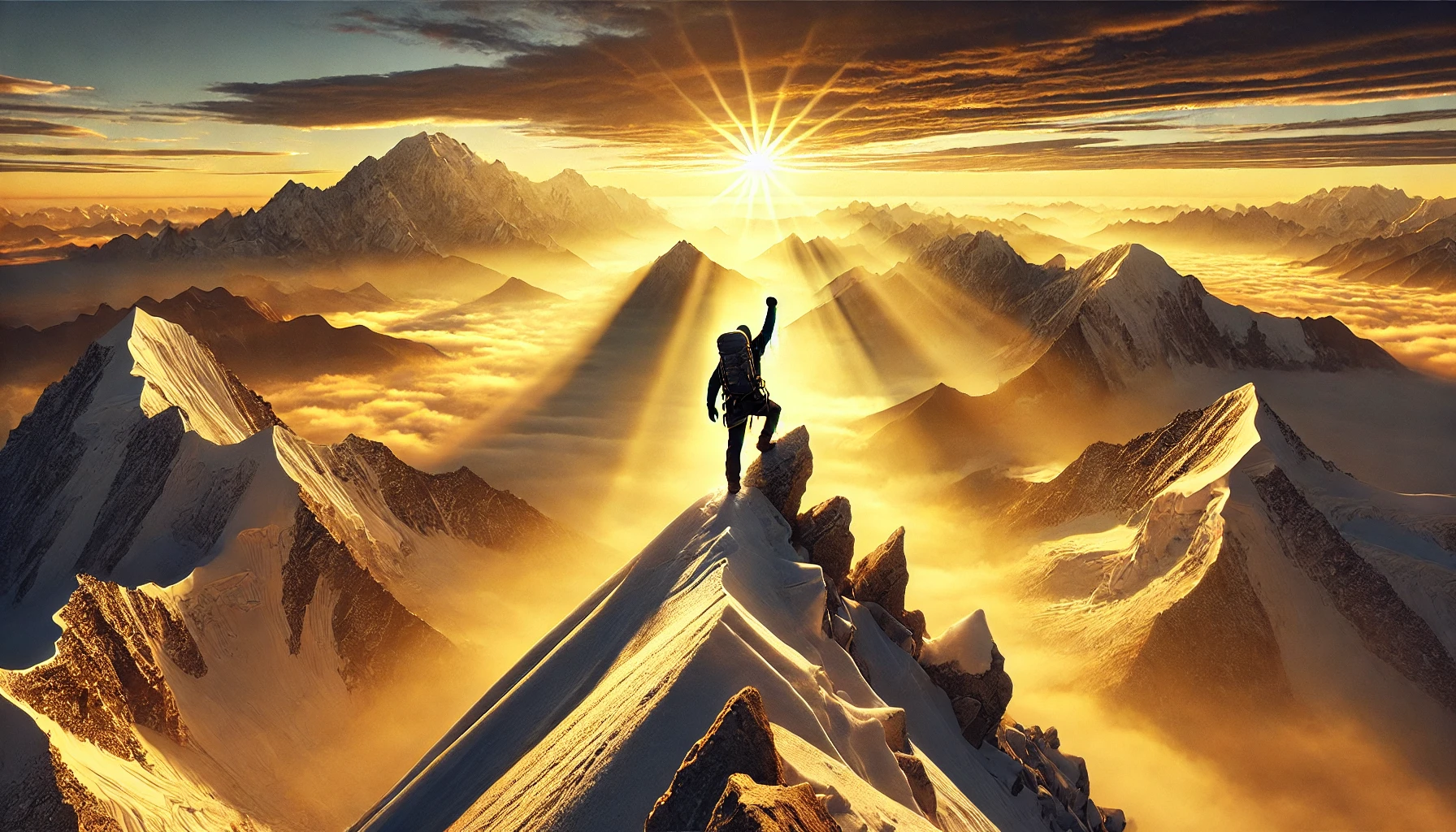 A climber reaching the peak of a mountain at sunrise, with golden light.