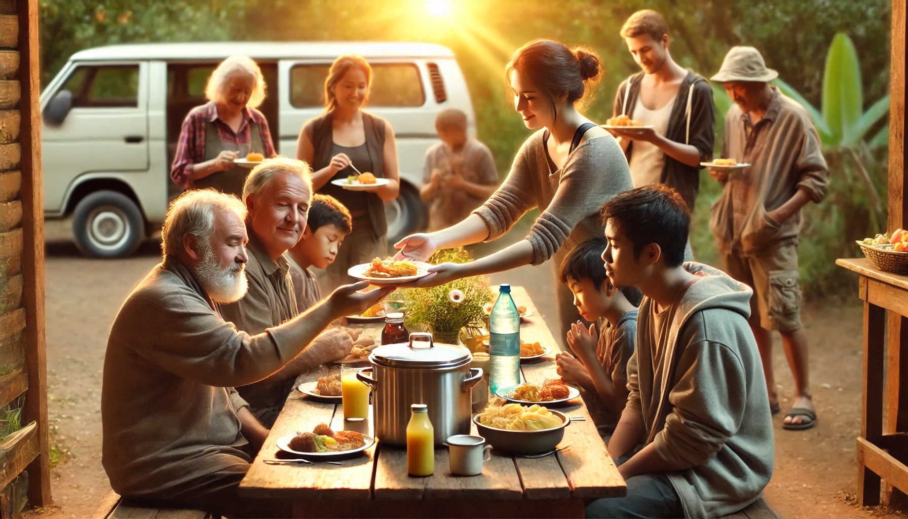 A compassionate scene where a family is serving food and drinks to a group of travelers and homeless individual.