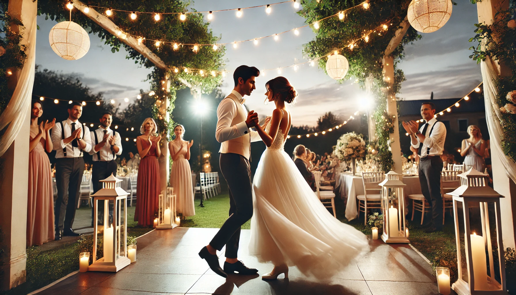 A couple dancing at their wedding in a beautifully decorated outdoor venue during the evening.