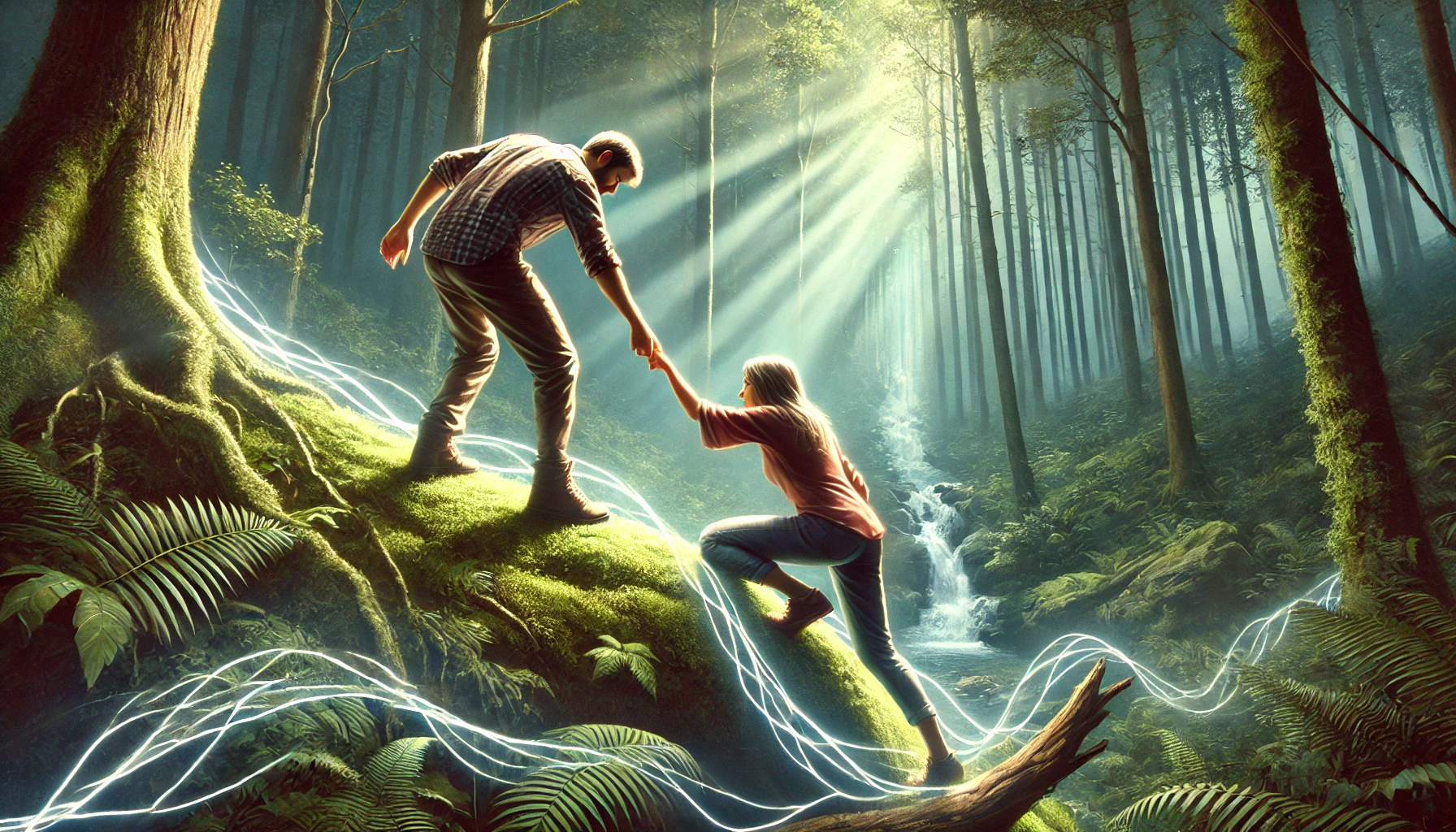 A couple hiking together on a forest trail, with one helping the other climb over a rock.