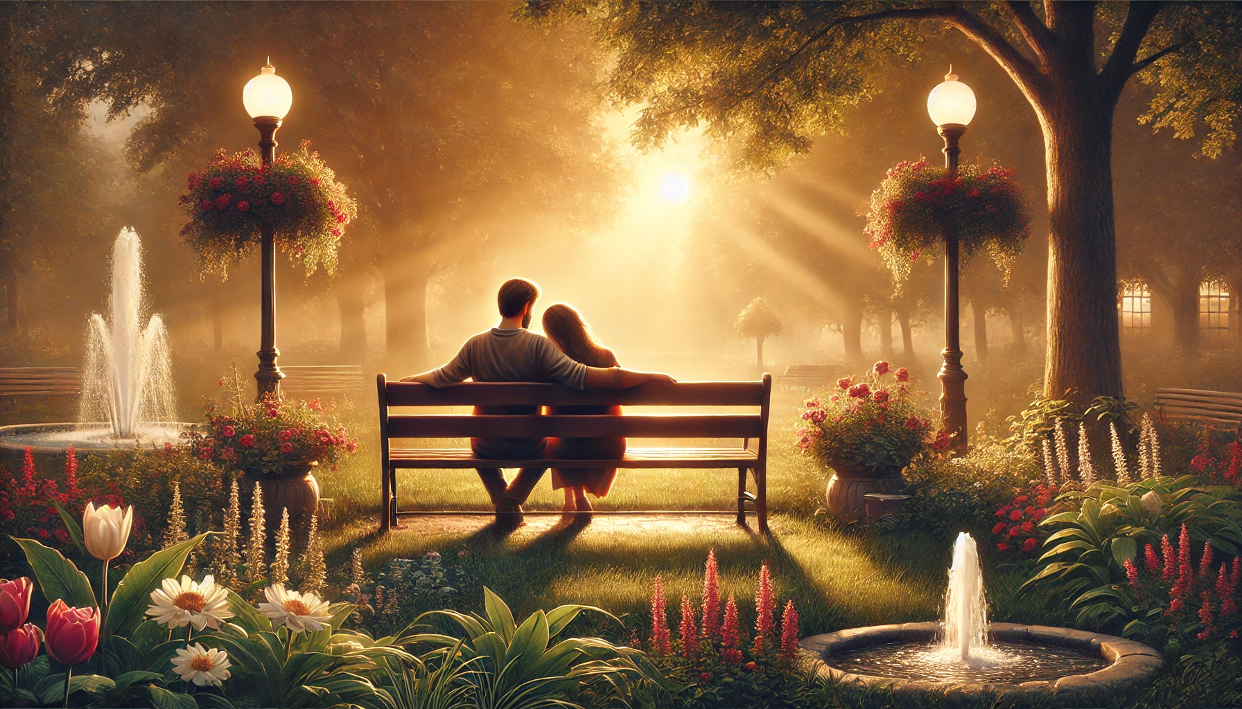 A couple sitting on a park bench in the golden light of late afternoon.