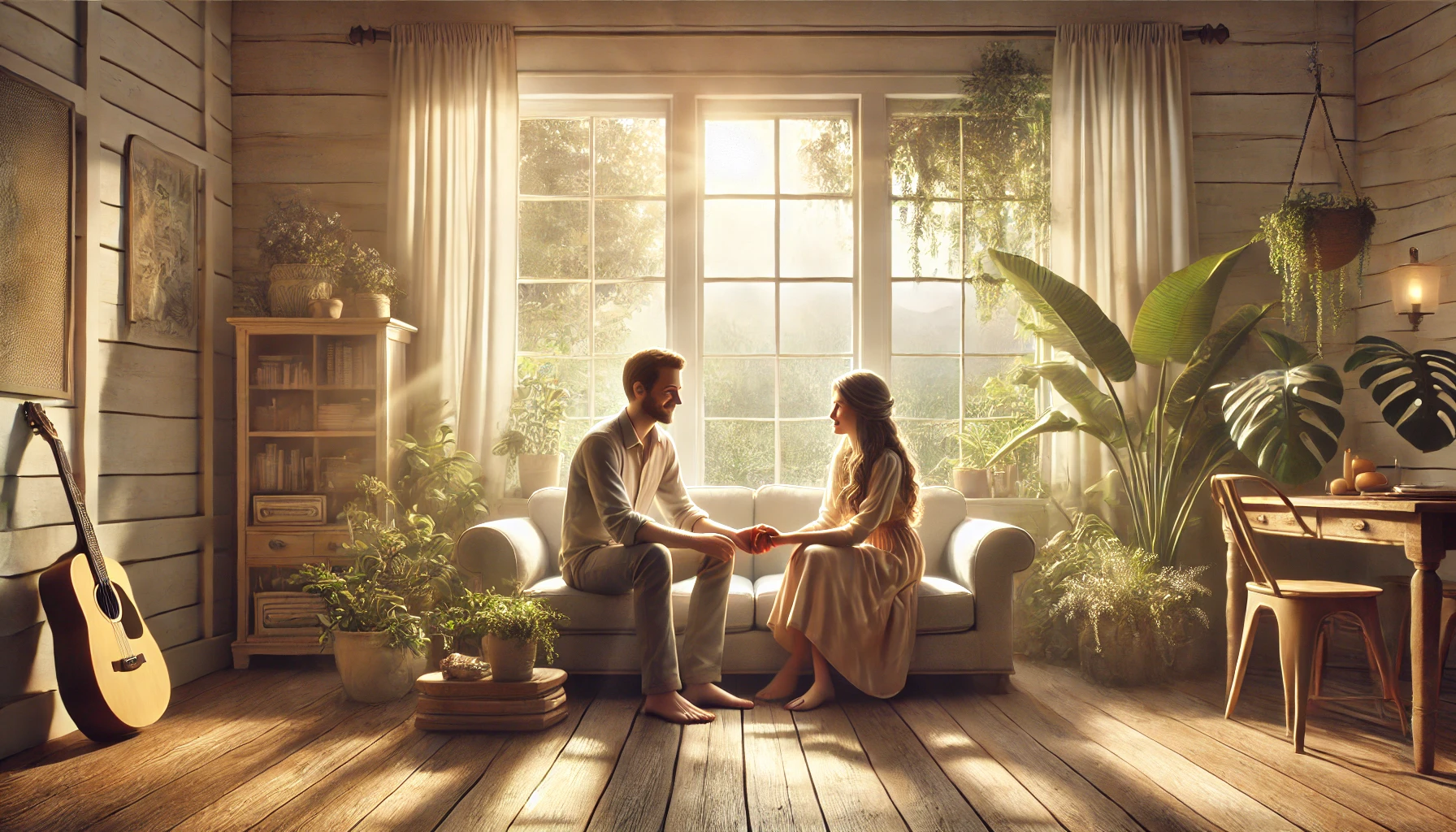 A couple sitting together on a cozy couch, gently holding hands and smiling warmly at each other.