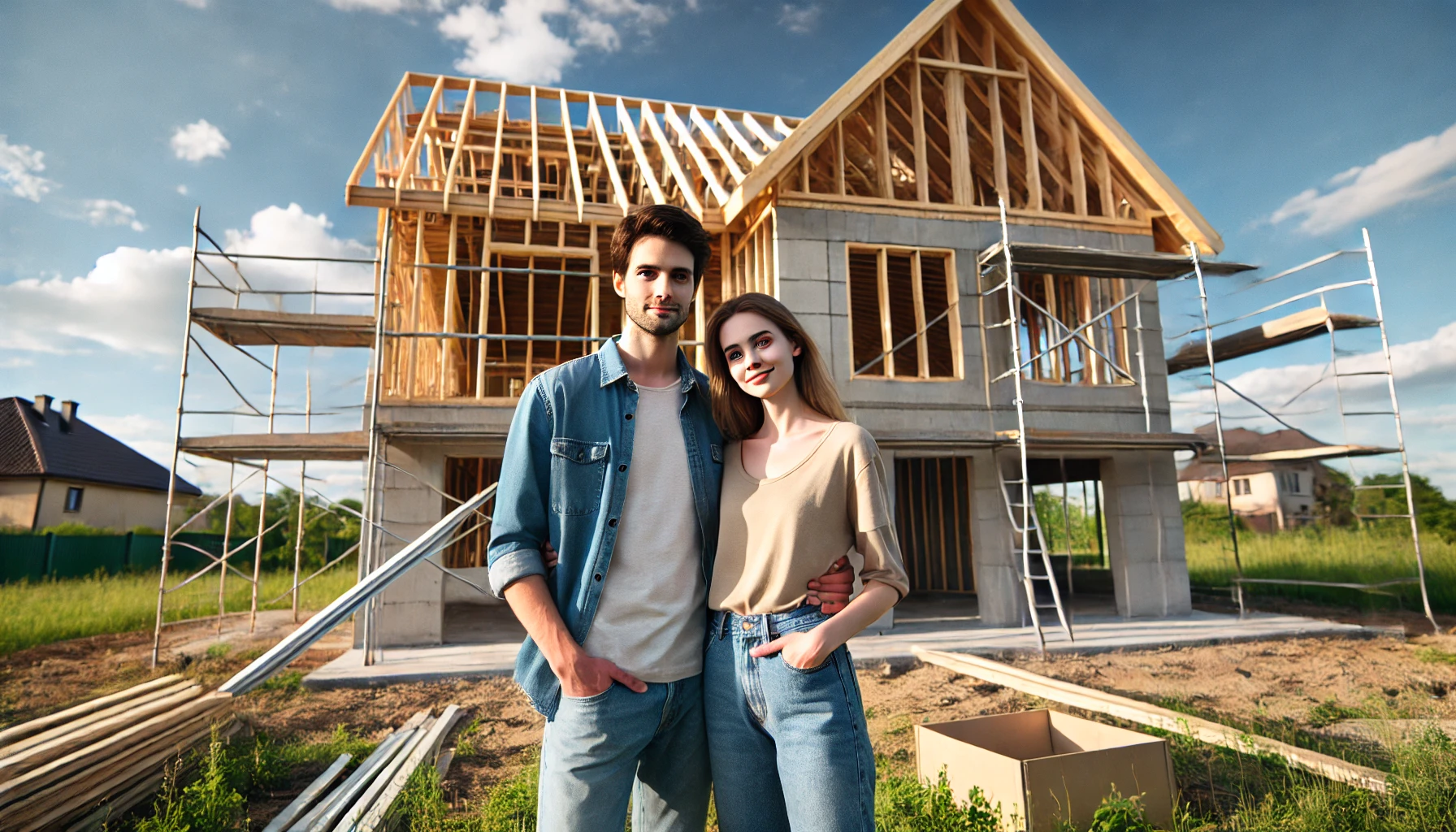 A couple standing in front of an unfinished house under construction, set in a suburban area.