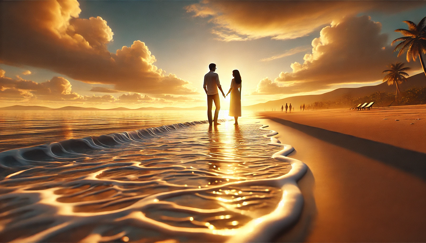 A couple standing on a serene beach at sunset.