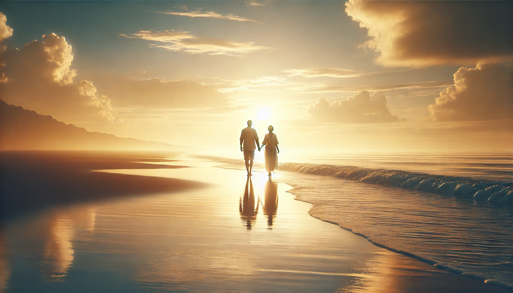 A couple walking hand-in-hand along a peaceful beach at sunset.