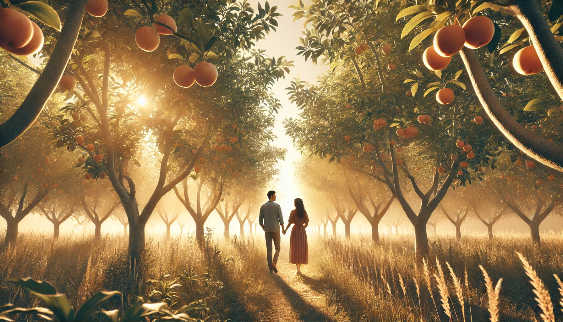 A couple walking hand-in-hand through an orchard at golden hour.