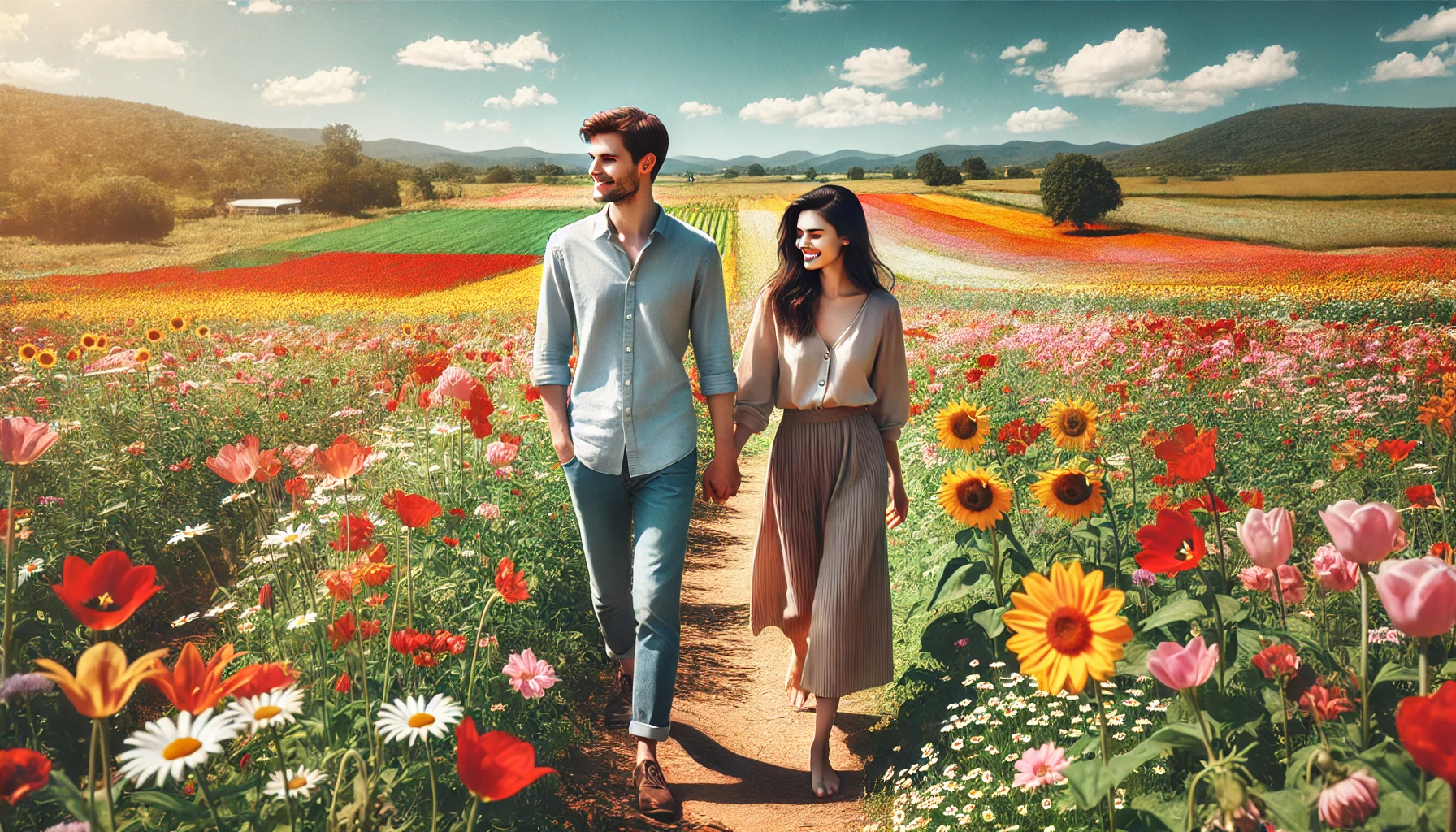 A couple walking through a vibrant flower field during a sunny day.