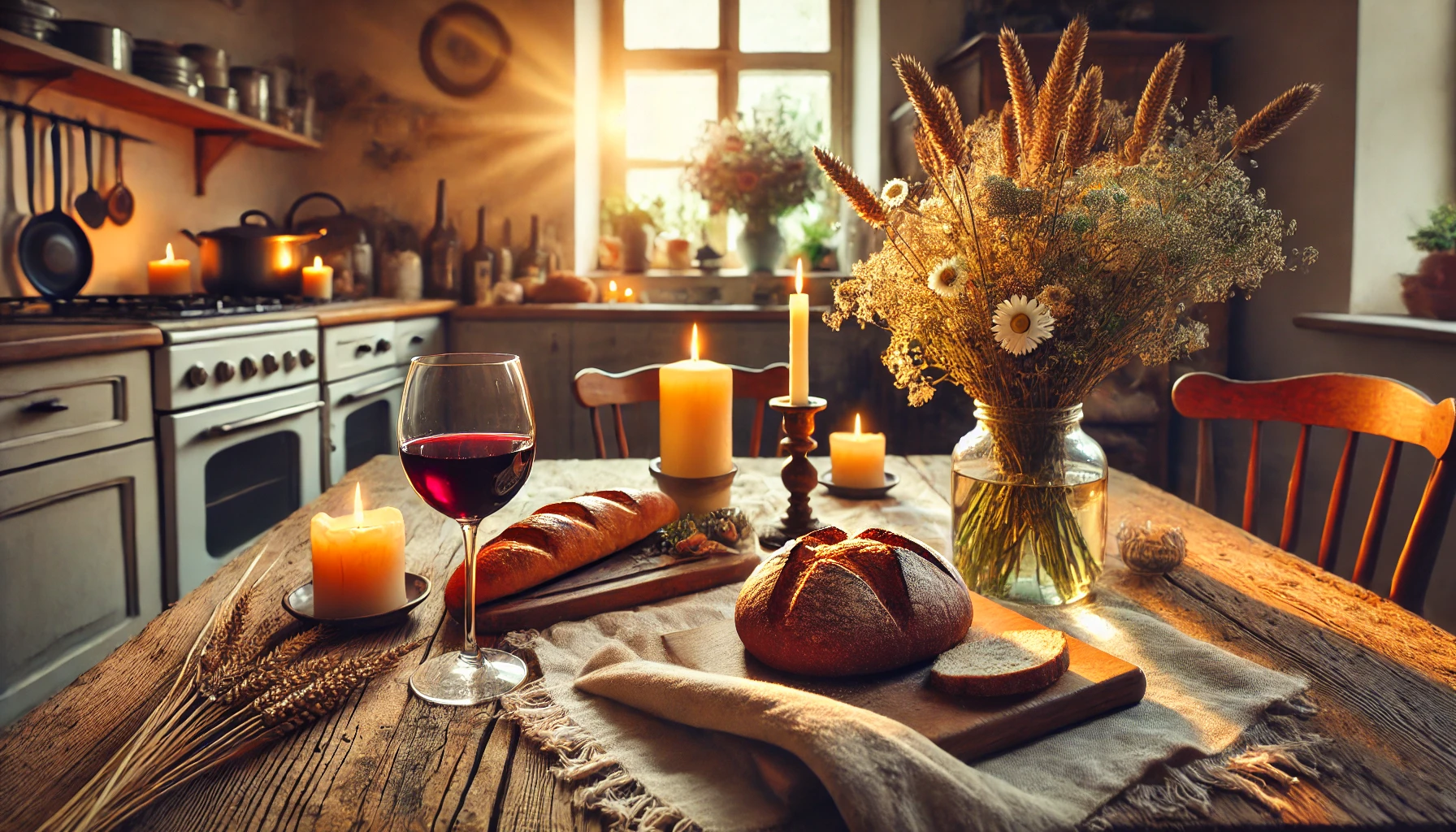 A cozy rustic kitchen table with freshly baked bread, a glass of red wine, and a cheerful candlelit atmosphere.