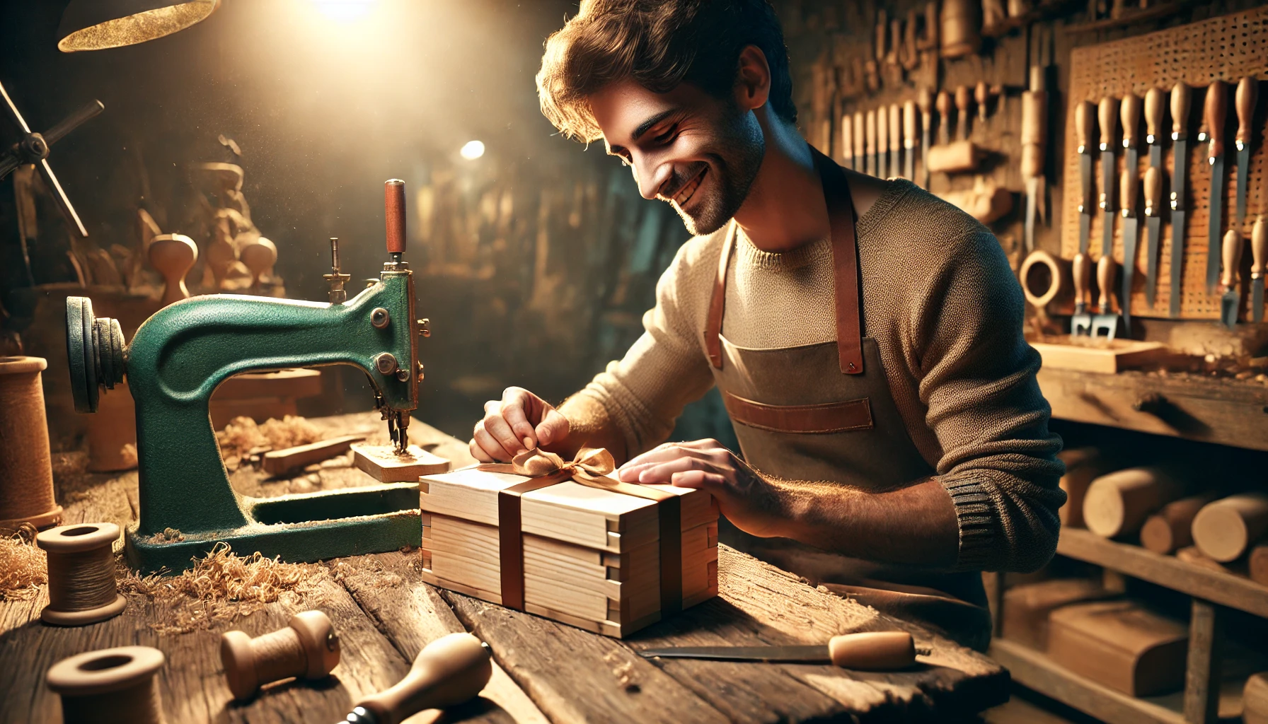 A craftsman working diligently at a wooden workbench, creating a handcrafted item to give as a gift.