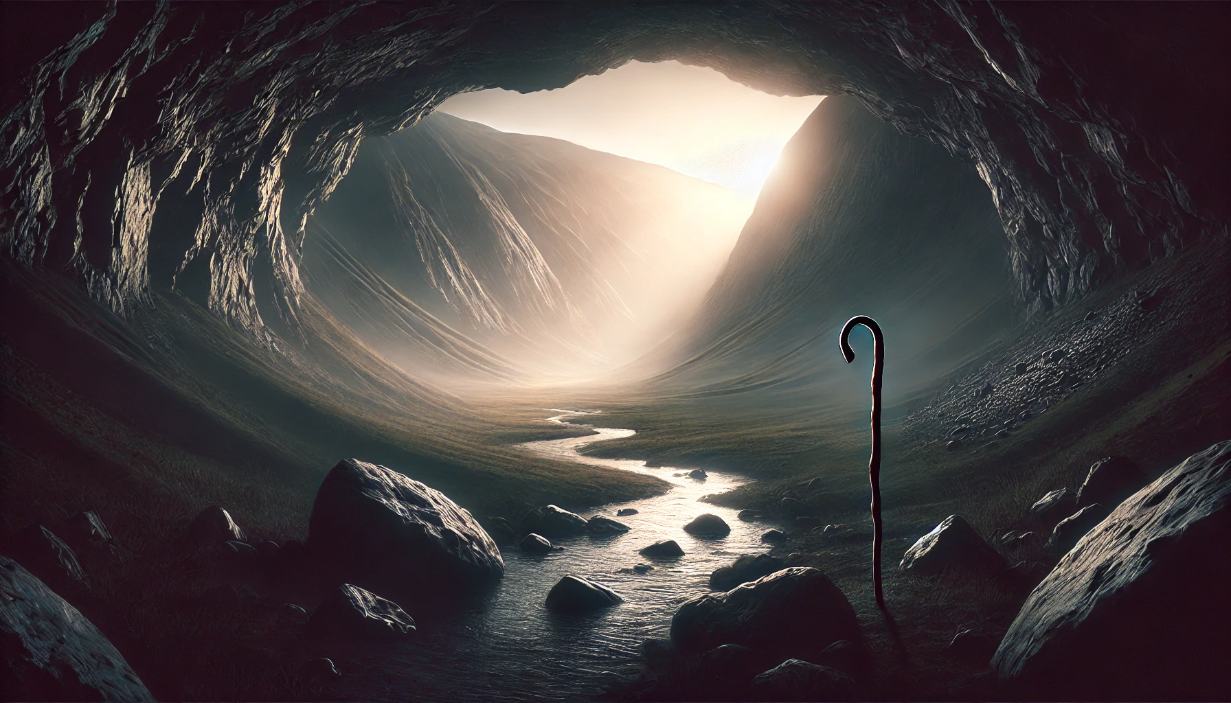 A dark valley with soft sunlight piercing through.