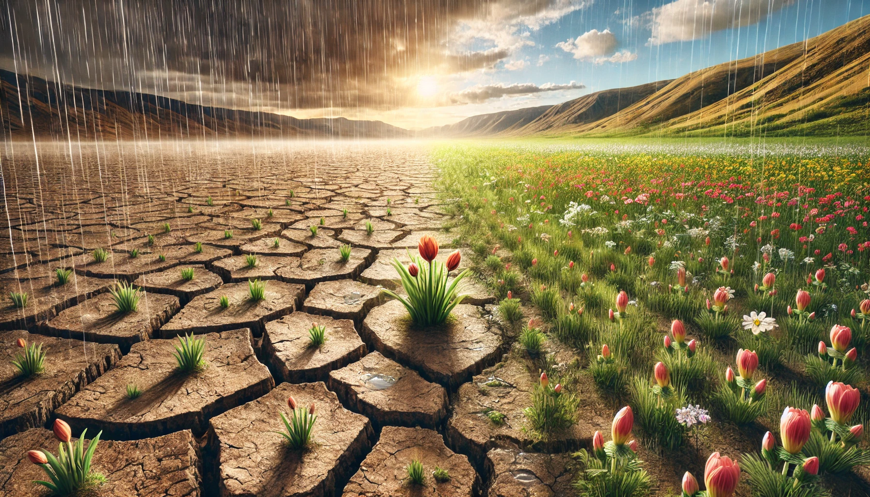 A dead landscape in transition, showing a parched land gradually transforming into a field of blossoming flowers.