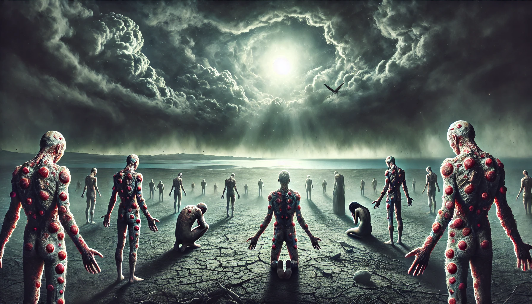 A desolate and barren landscape under a stormy, dark sky.