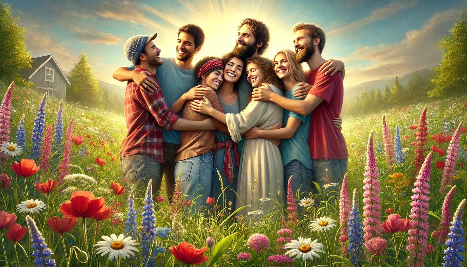 A diverse group of friends warmly embracing each other in a peaceful outdoor setting.