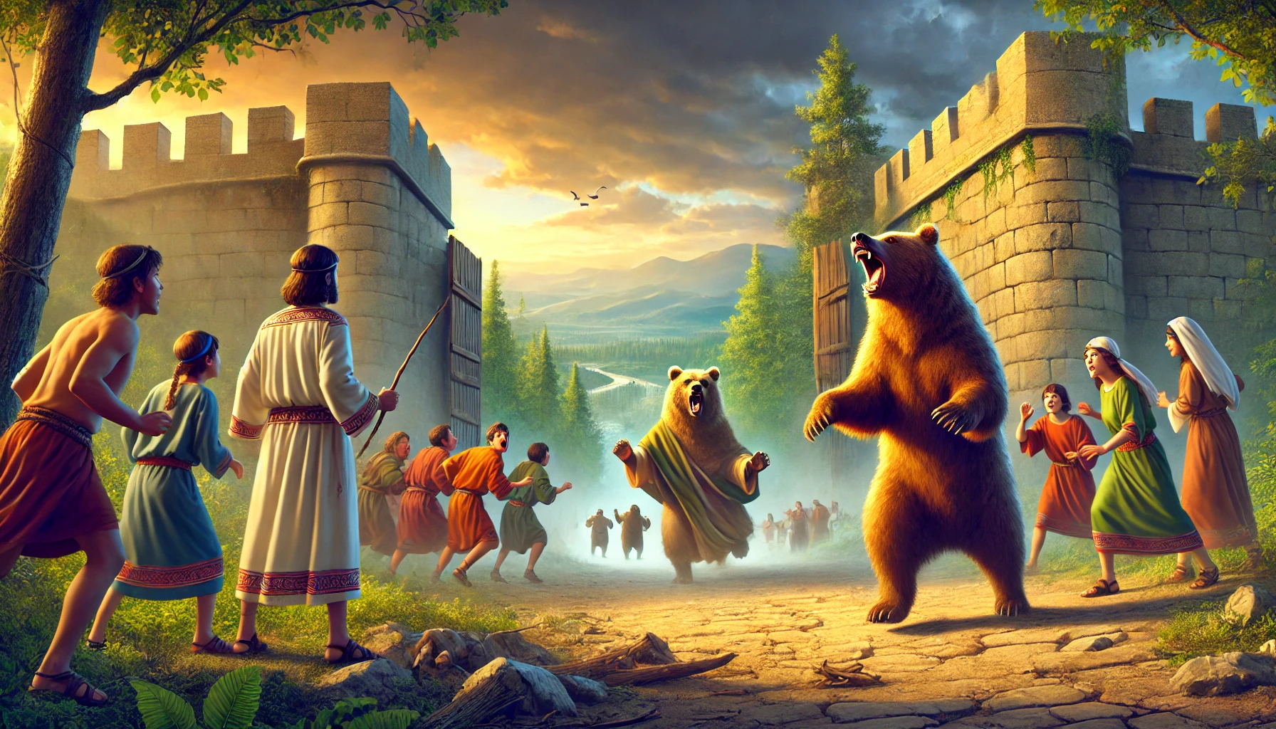 A dramatic biblical scene showing Elisha standing outside a city gate.
