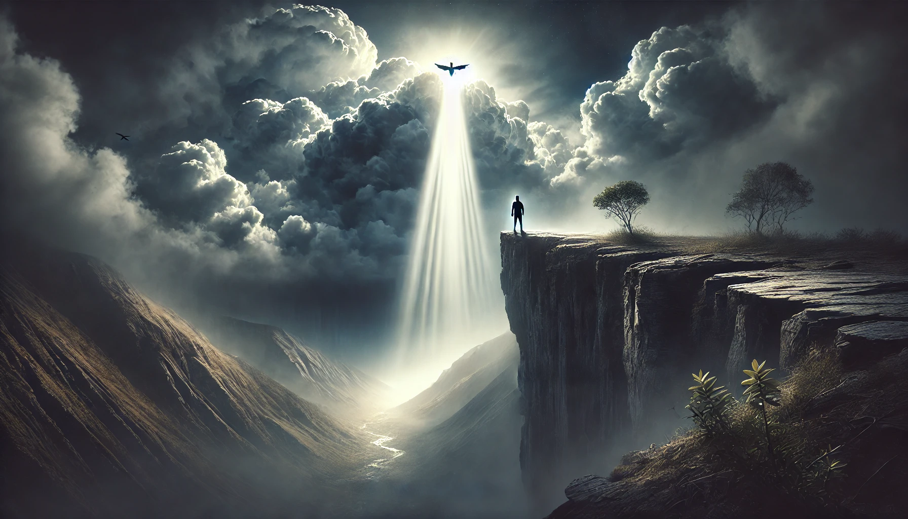 A dramatic landscape with a person standing on the edge of a cliff under a cloudy sky.