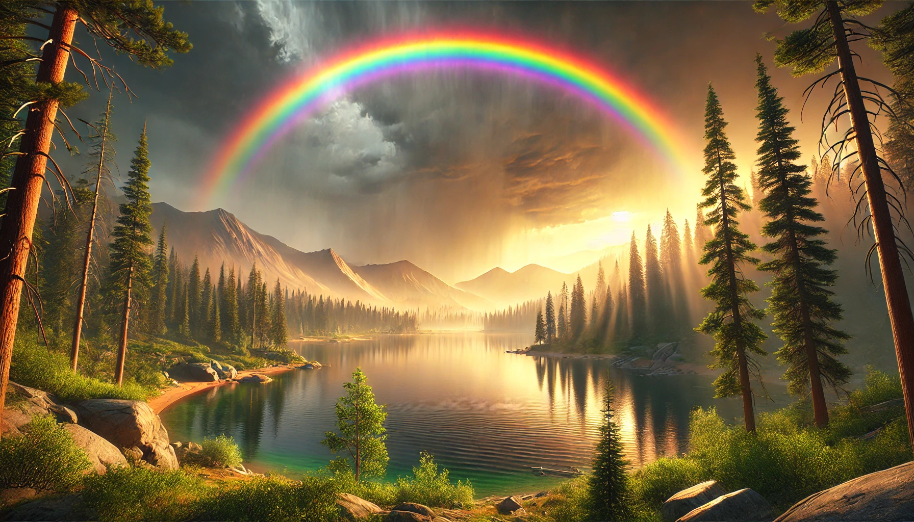 A dramatic post-storm sky with a vivid rainbow arching across it.