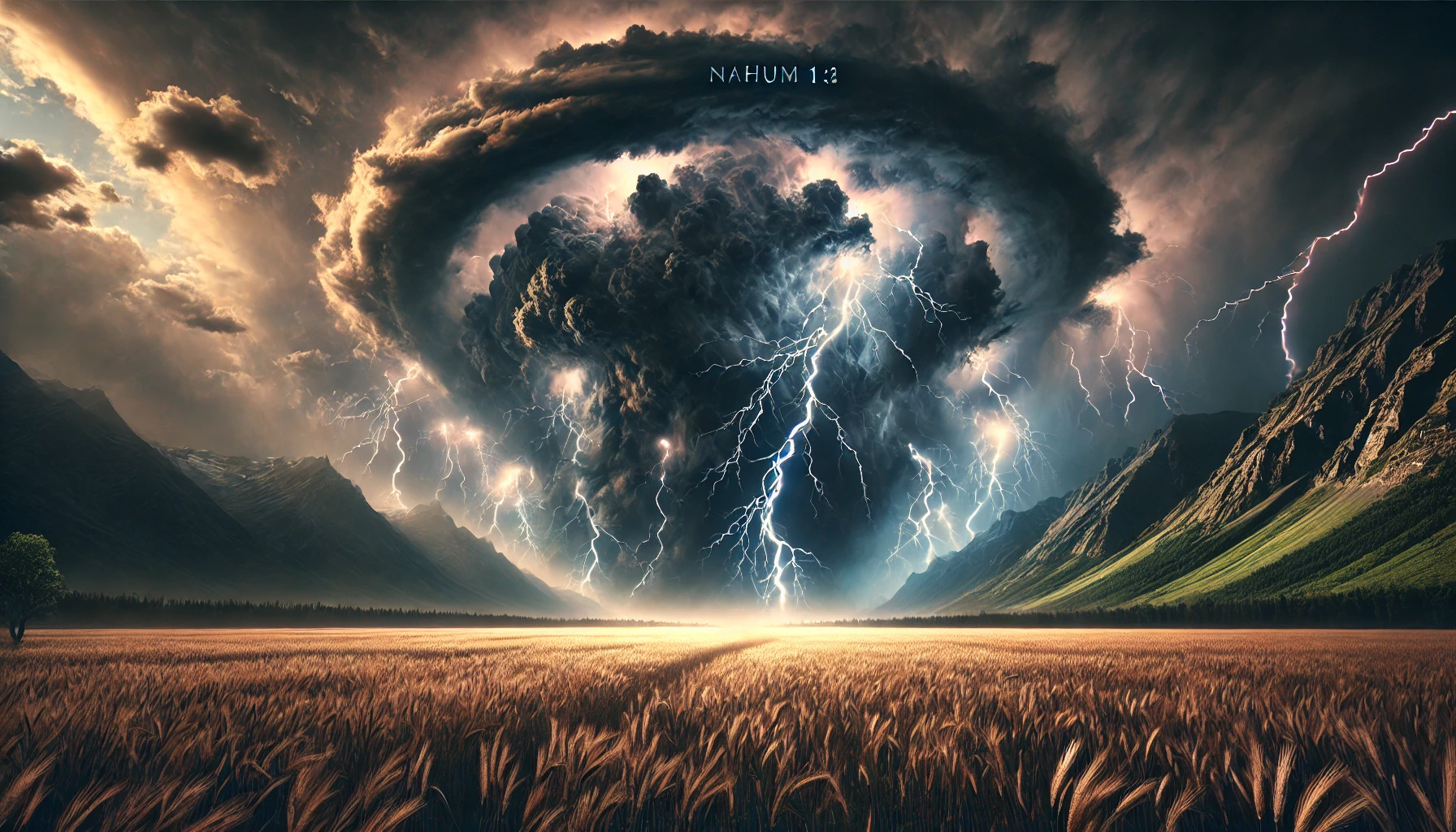 A dramatic storm with swirling dark clouds and lightning striking across the sky.