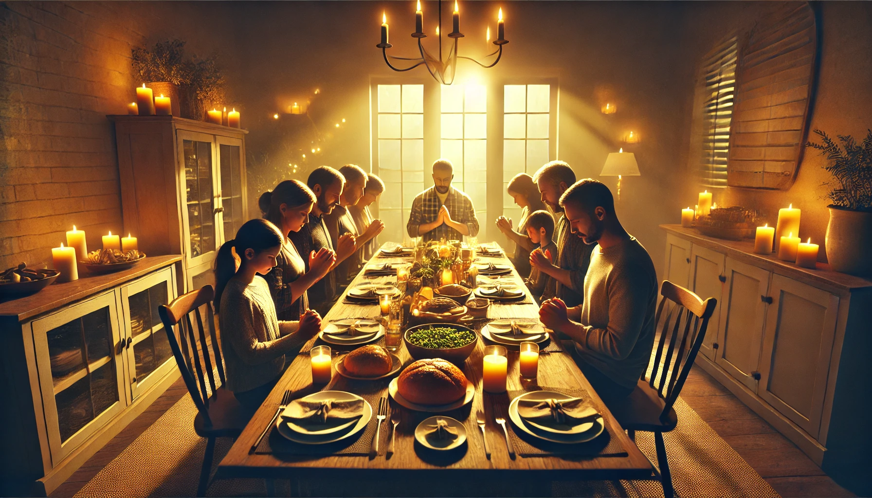 A family gathered at a dinner table in prayer before a meal, illuminated by warm lighting.