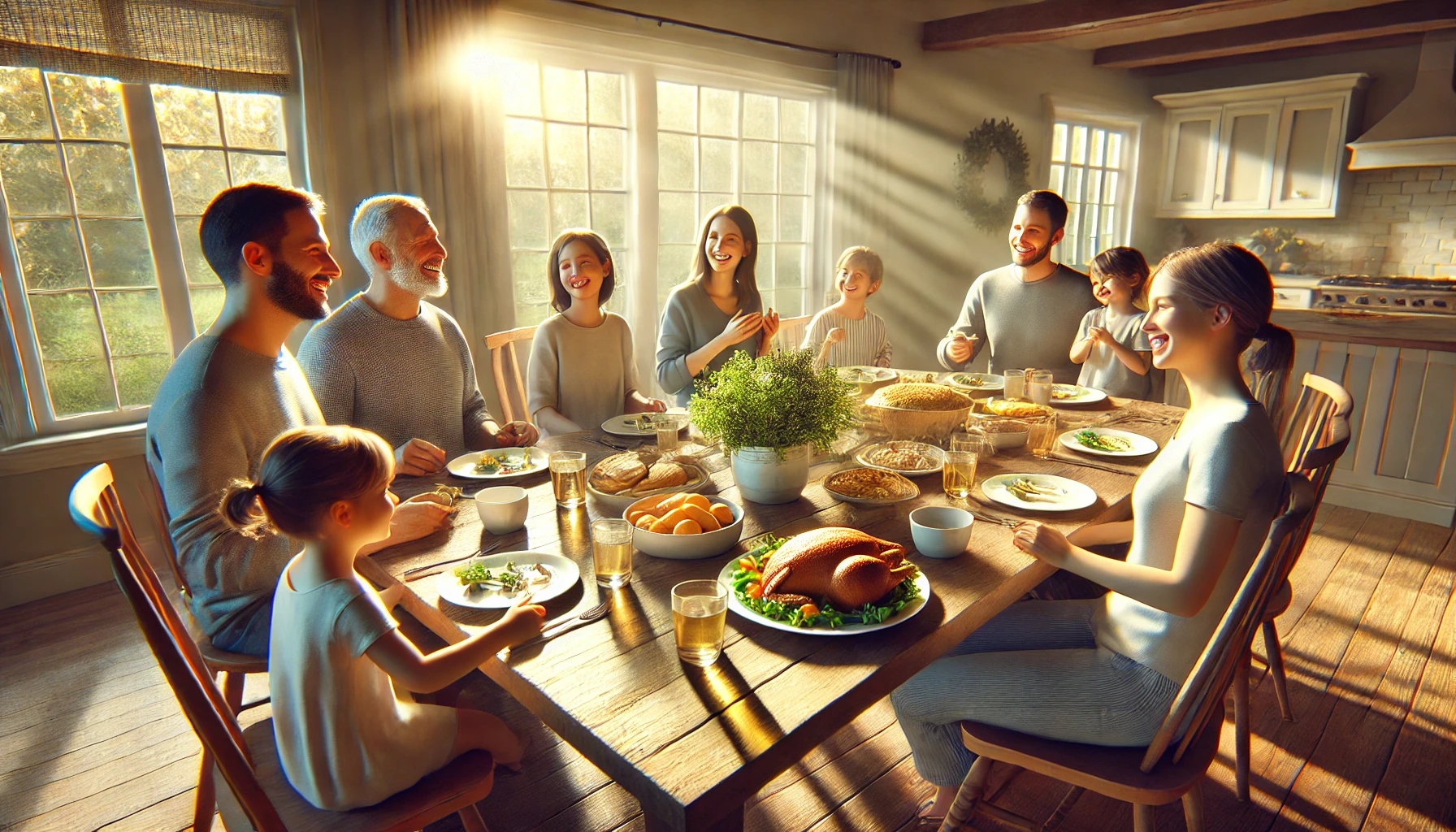 A family gathered at a table in a sunlit dining room, sharing a meal.