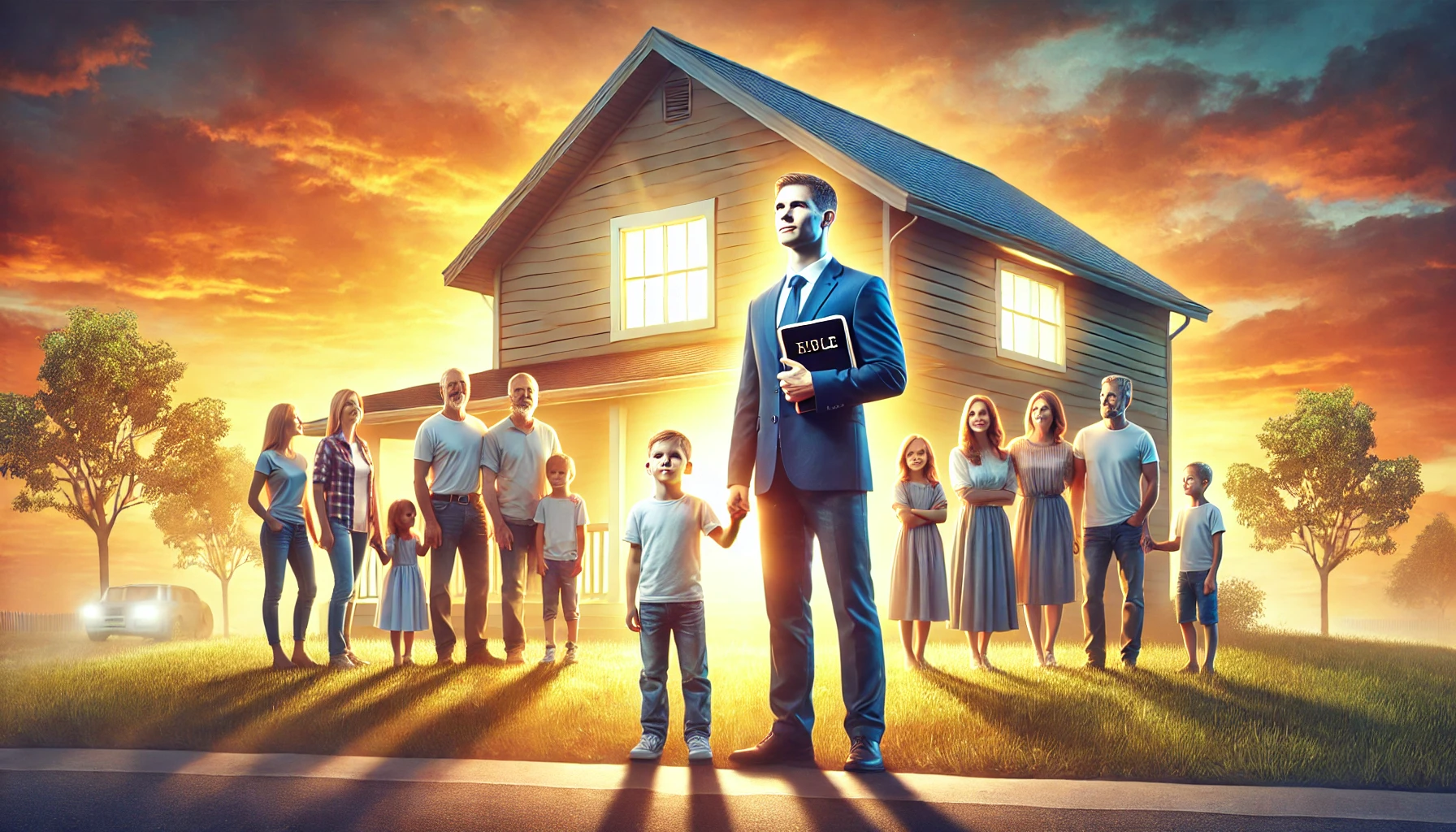 A family gathered in front of their home at sunset, with a father standing confidently, holding a Bible.
