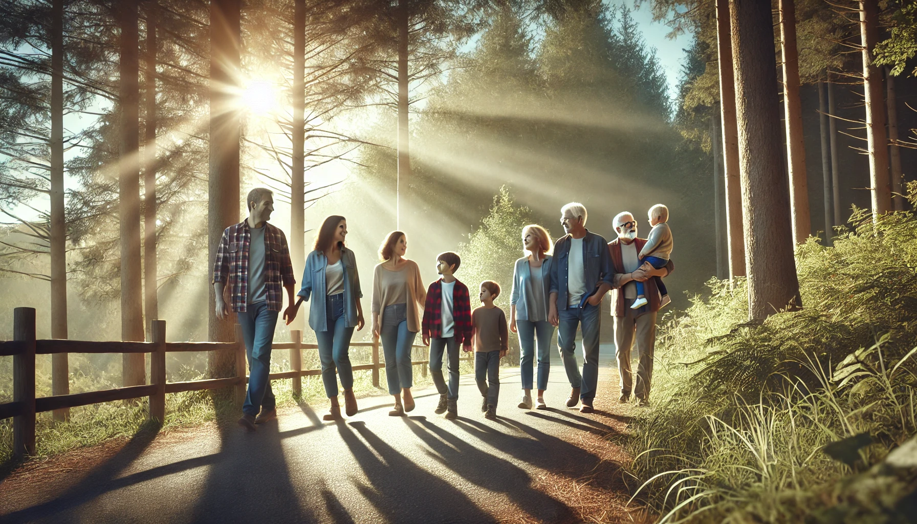 A family walking together along a quiet forest path.