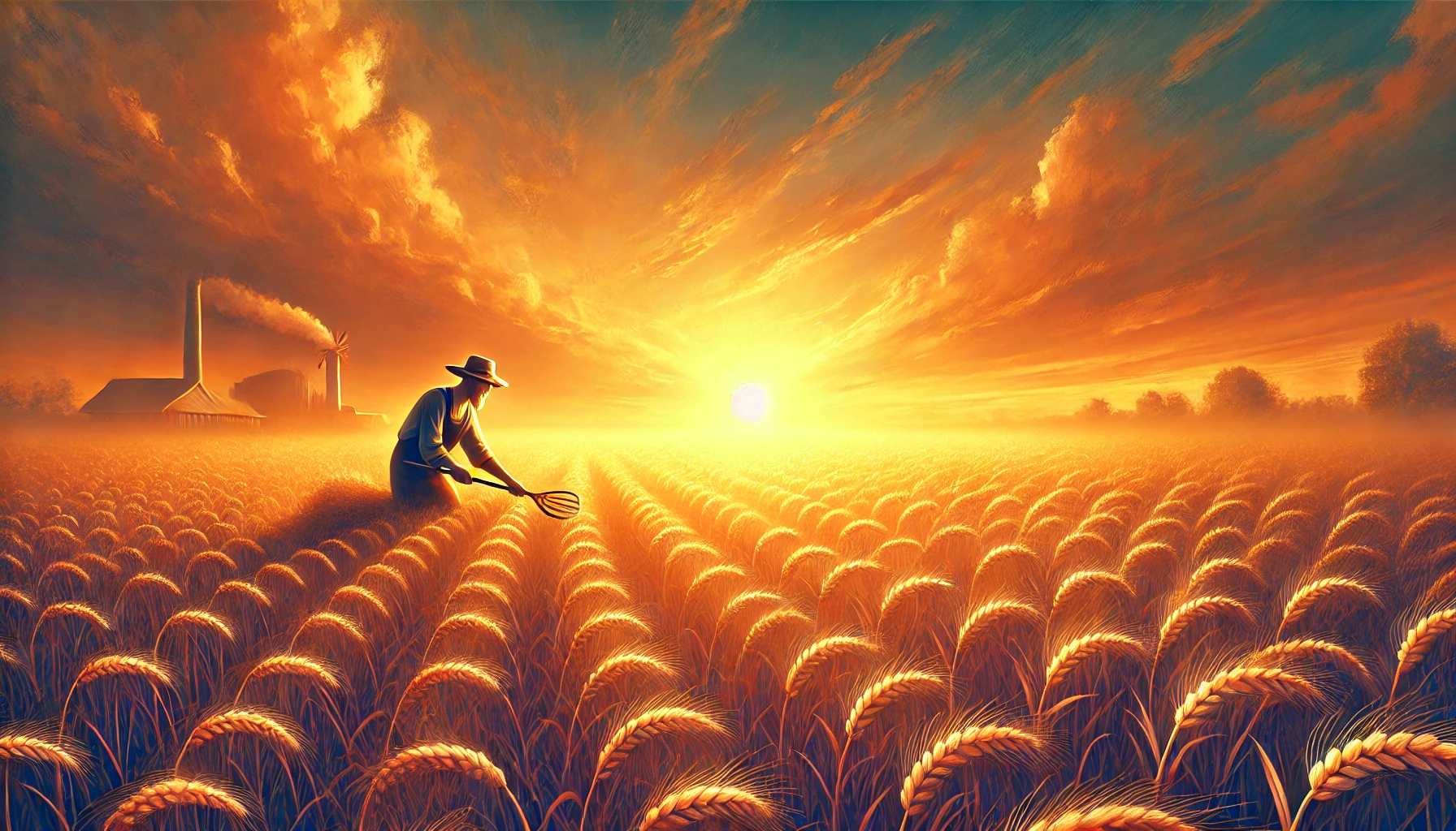 A farmer in a golden field at sunset, tirelessly tending to the crops.
