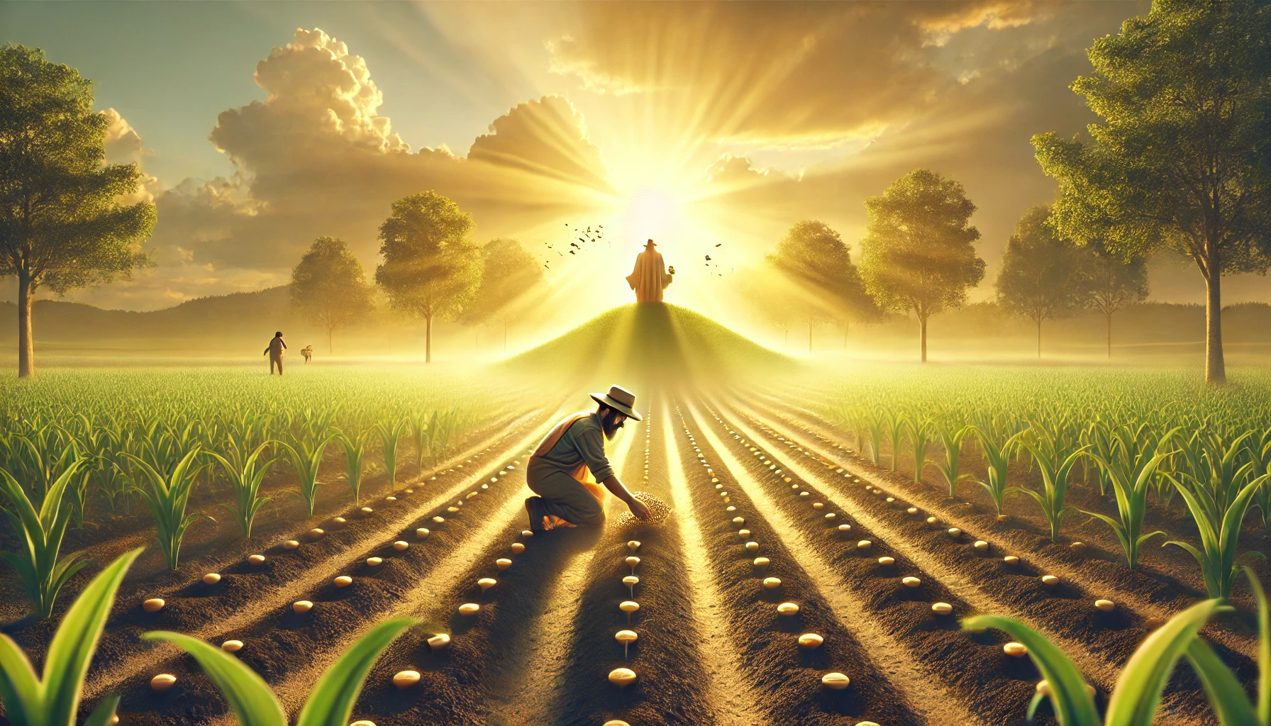 A farmer sowing seeds in a lush field at sunrise, with clear focus on the act of sowing.