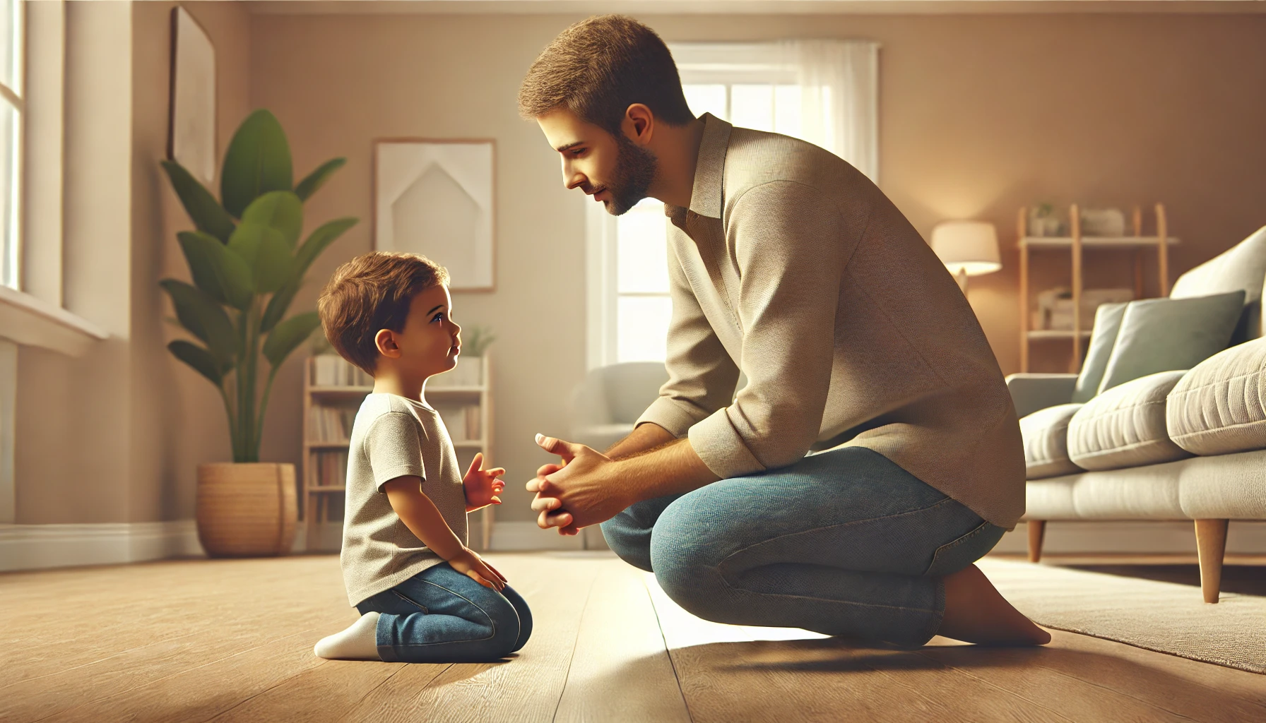 A father and child in a modern home.