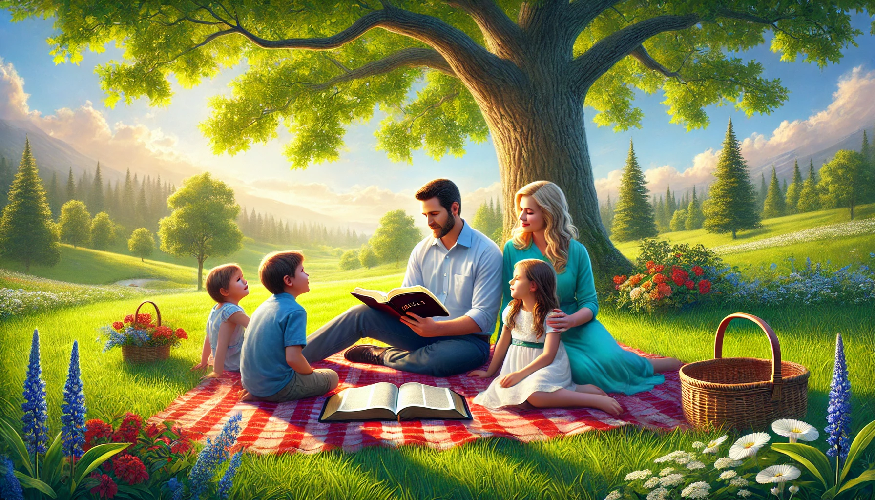 A father and his family sitting on a picnic blanket in a vibrant green meadow under a large oak tree.
