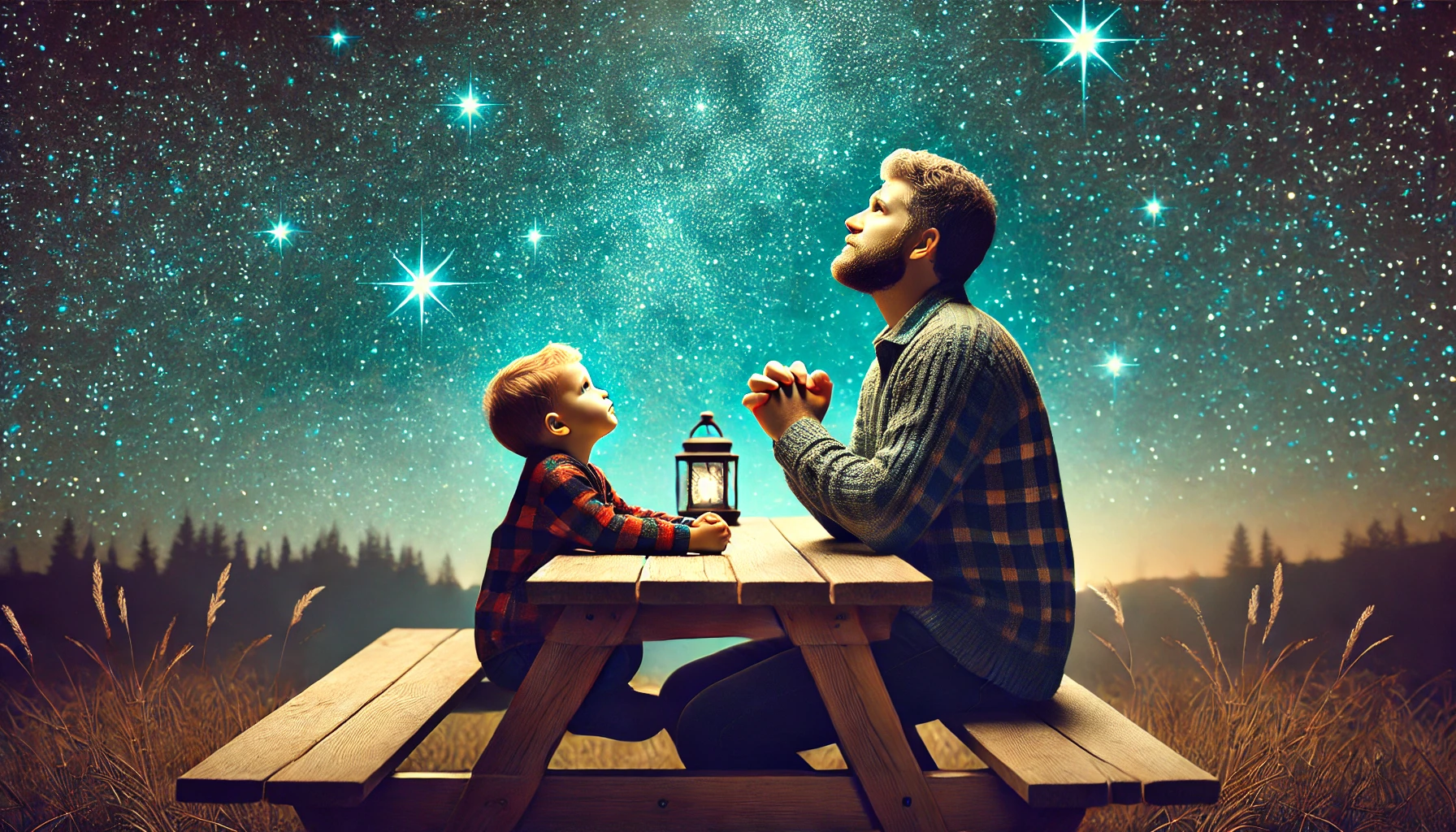 A father and his young child sitting outside at a wooden picnic table under the stars, looking to God.