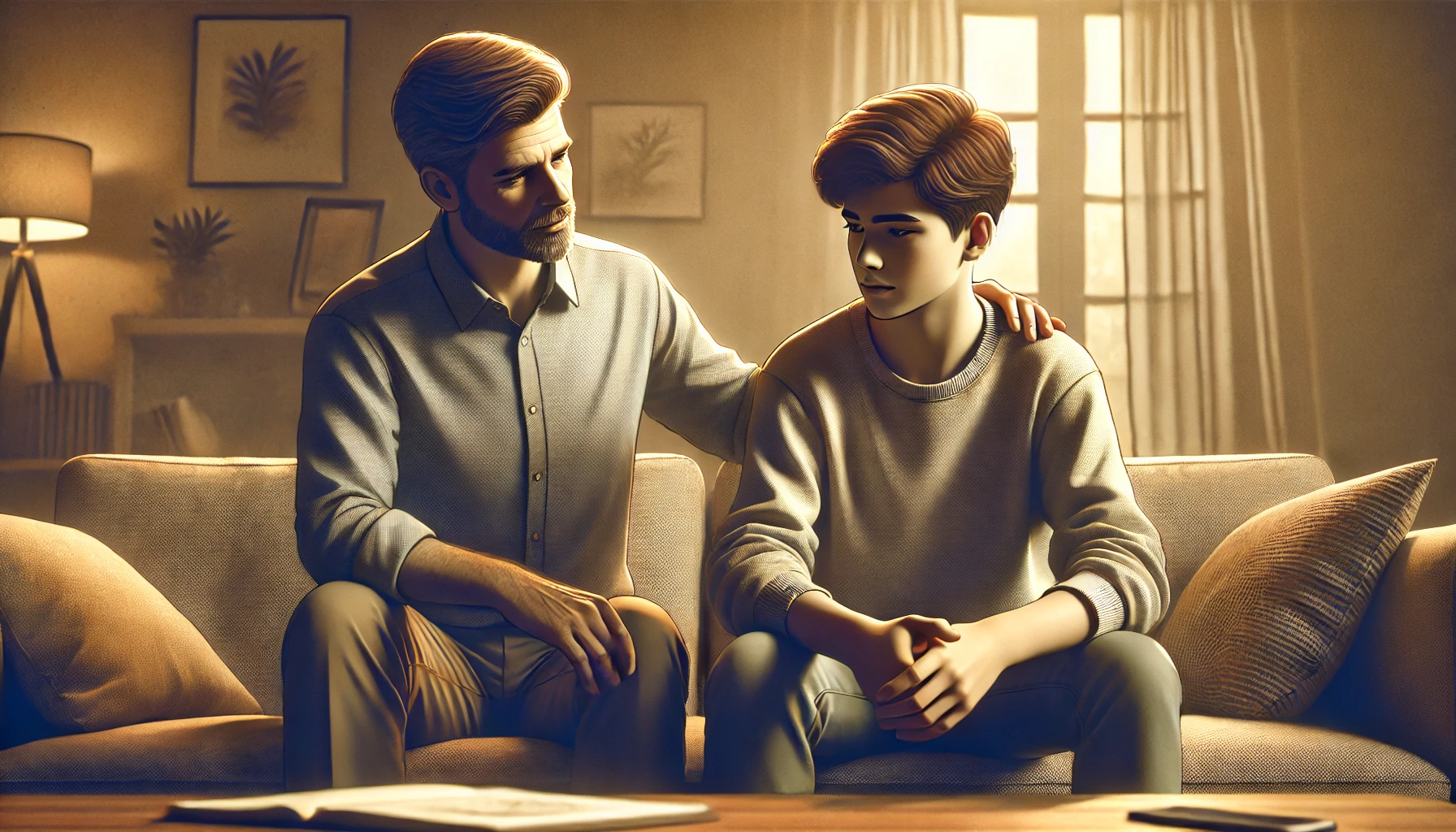 A father gently correcting his teenage son in a cozy living room.
