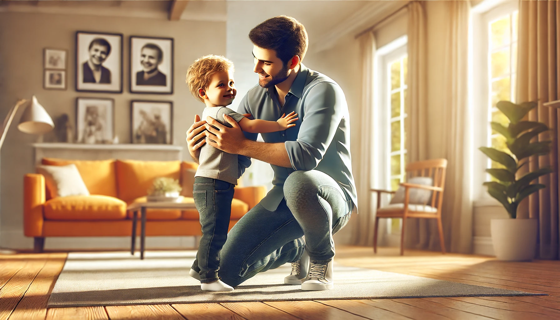 A father kneeling to hug his young child in a warm, brightly lit living room.