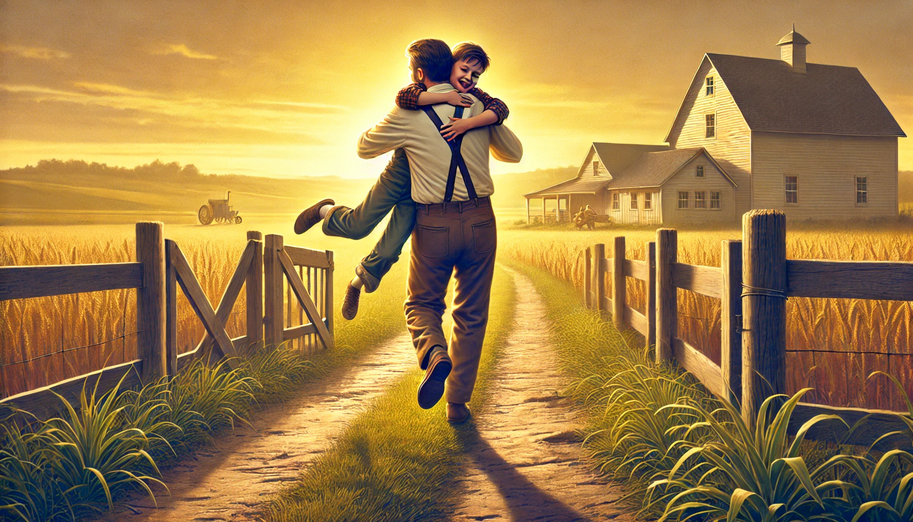 A father running to embrace his grown son on a rural dirt path, with a farmhouse and fields in the background.