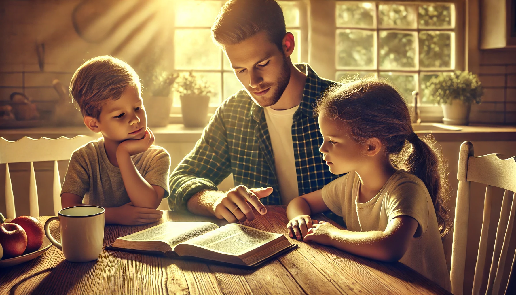 A father sitting at a kitchen table with his son and daughter, the father pointing to an open Bible.