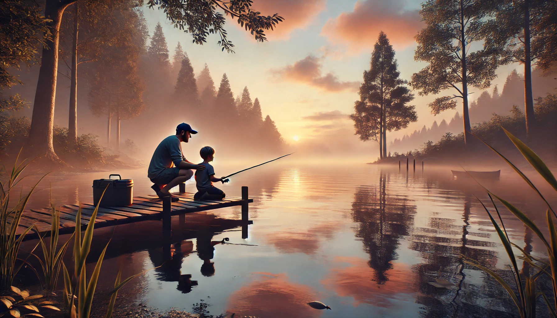 A father teaching his child to fish by a calm, reflective lake at sunrise.
