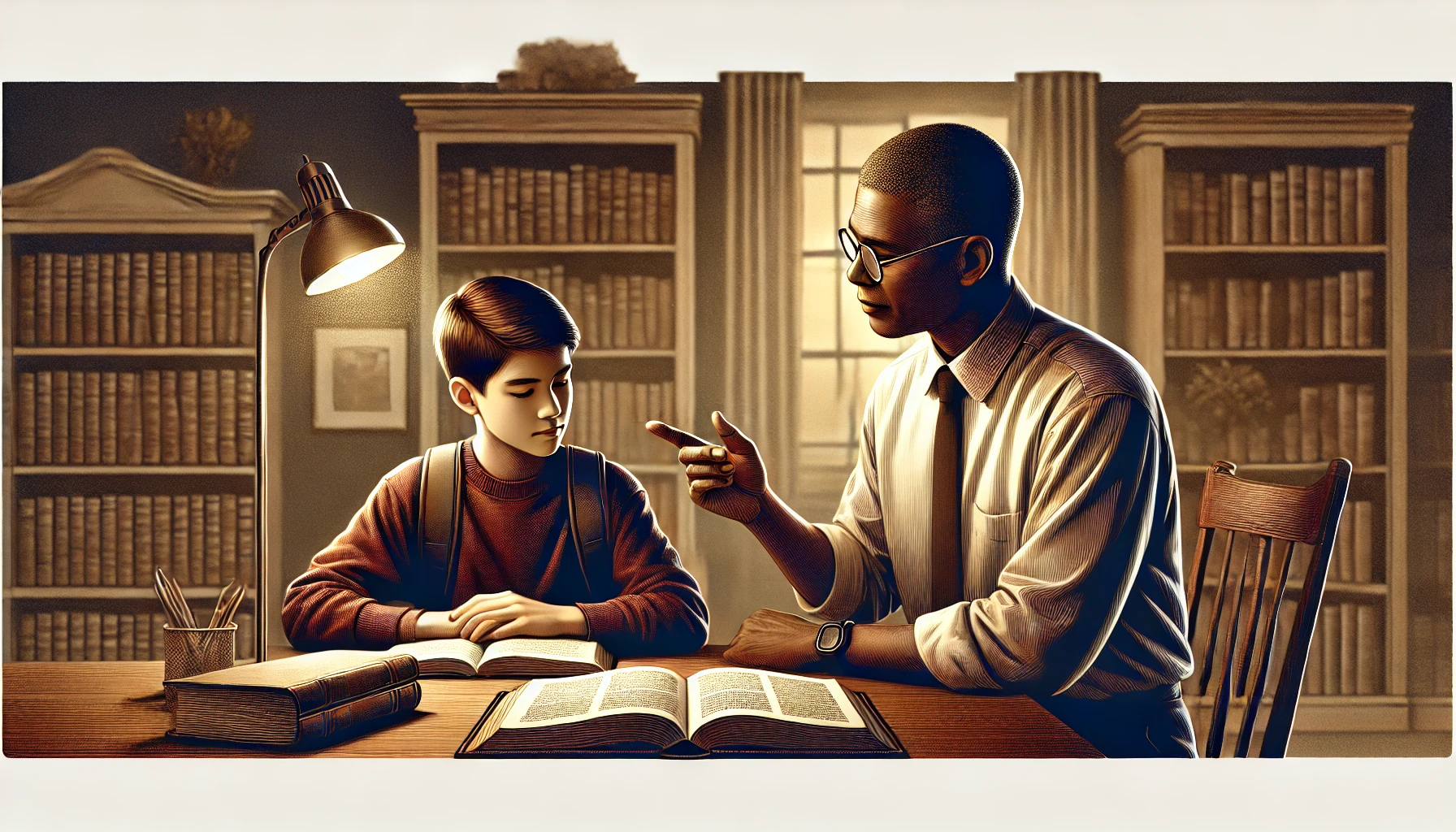 A father teaching his teenage son in a study room.