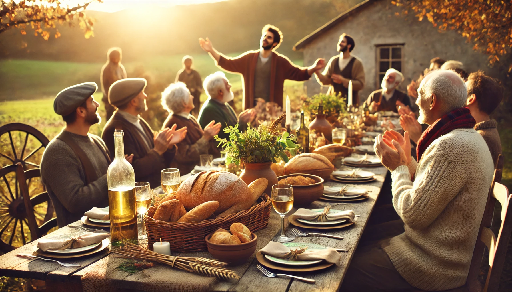 A festive table set outdoors with bread, wine, and other simple foods, surrounded by joyful people in a rustic countryside setting.