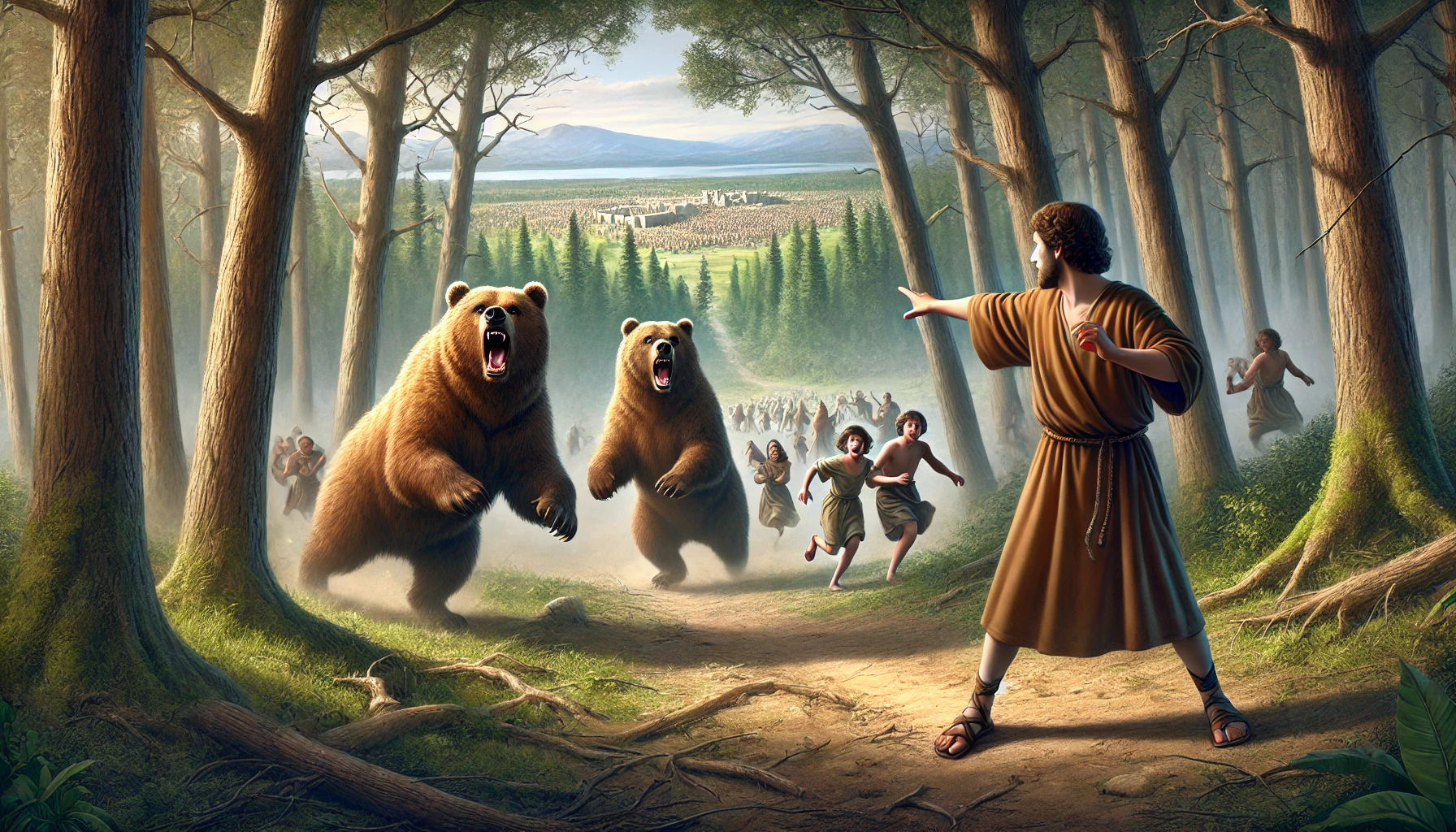 A forest clearing where two fierce female bears emerge from the trees.