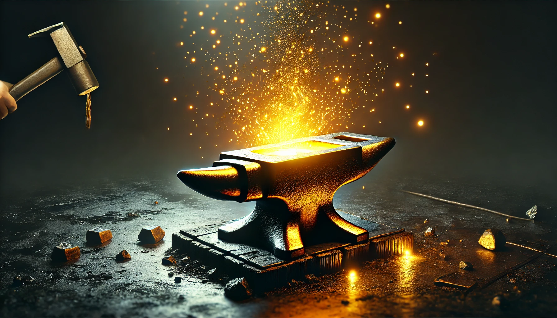 A forge with molten gold being refined by fire.