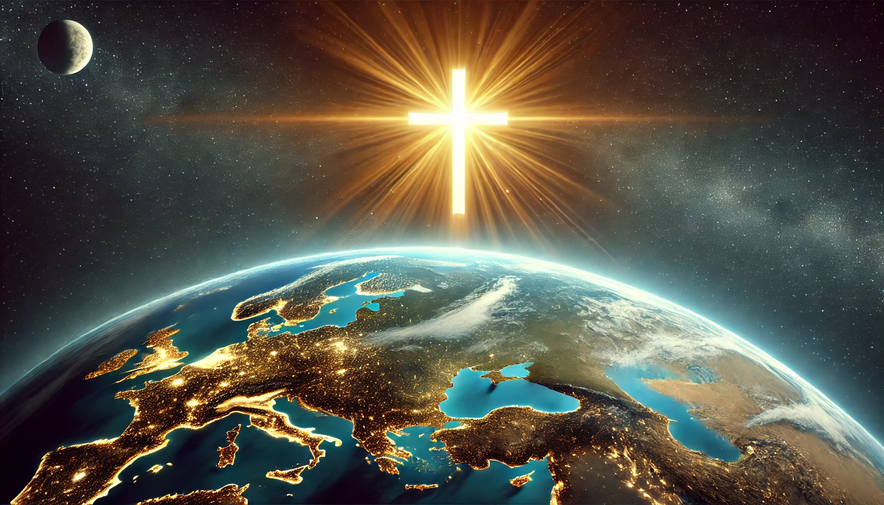 A glowing cross floating over the Earth as seen from space.