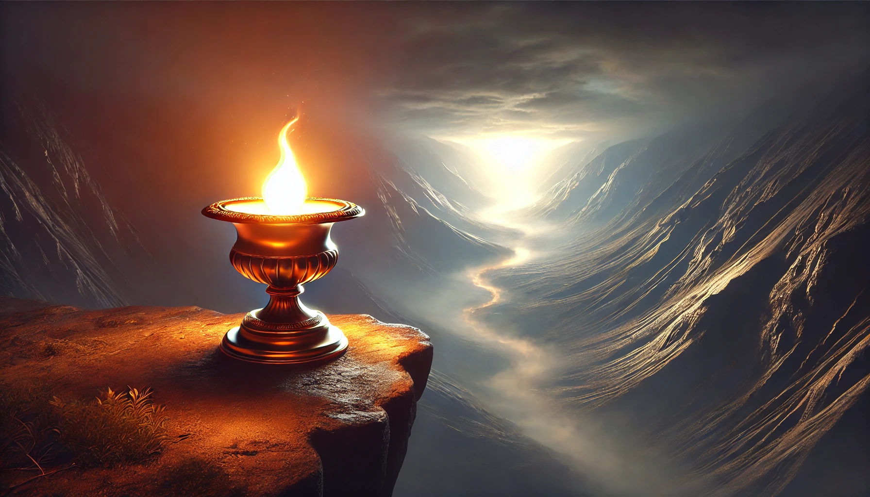 A glowing lamp placed on a rocky ledge, overlooking a dark, foggy valley below.