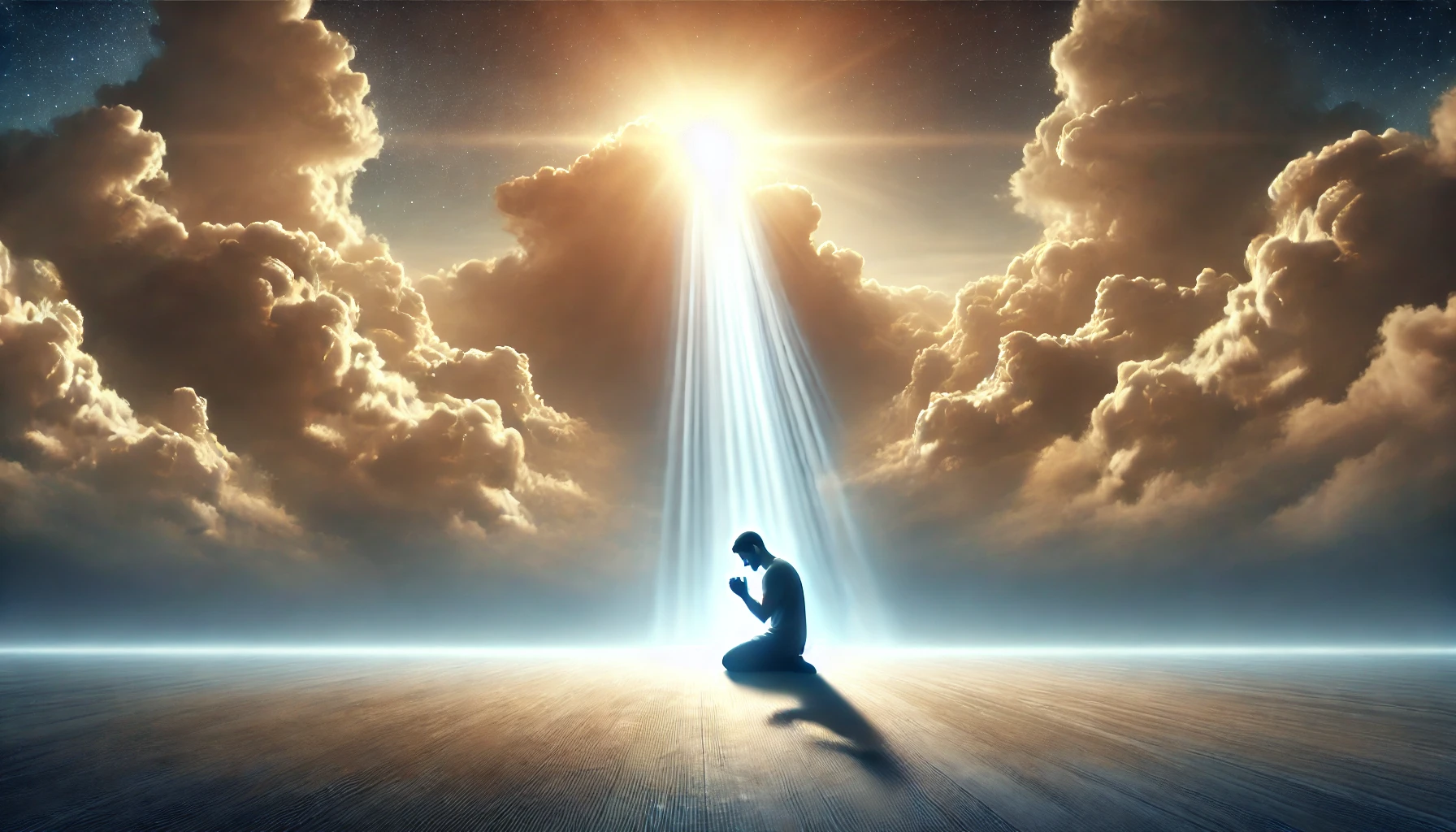 A glowing light descending from the heavens onto a kneeling person in prayer.