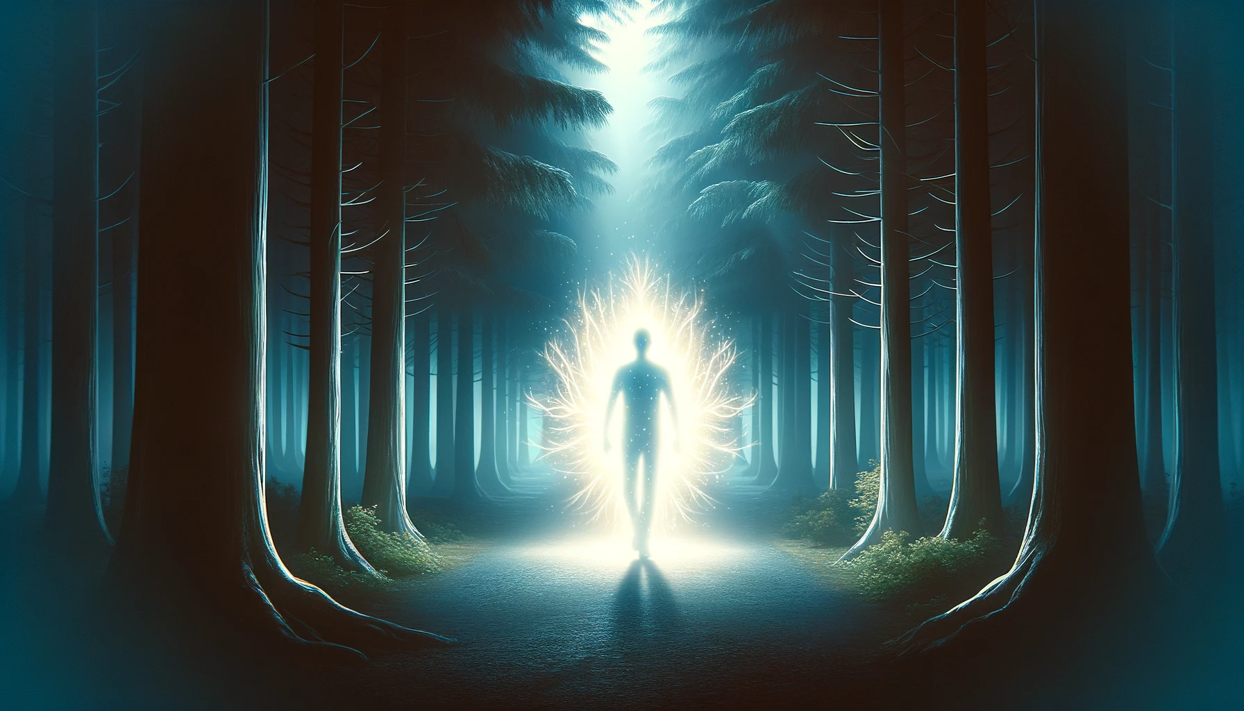 A glowing light within a person walking confidently through a shadowy forest.