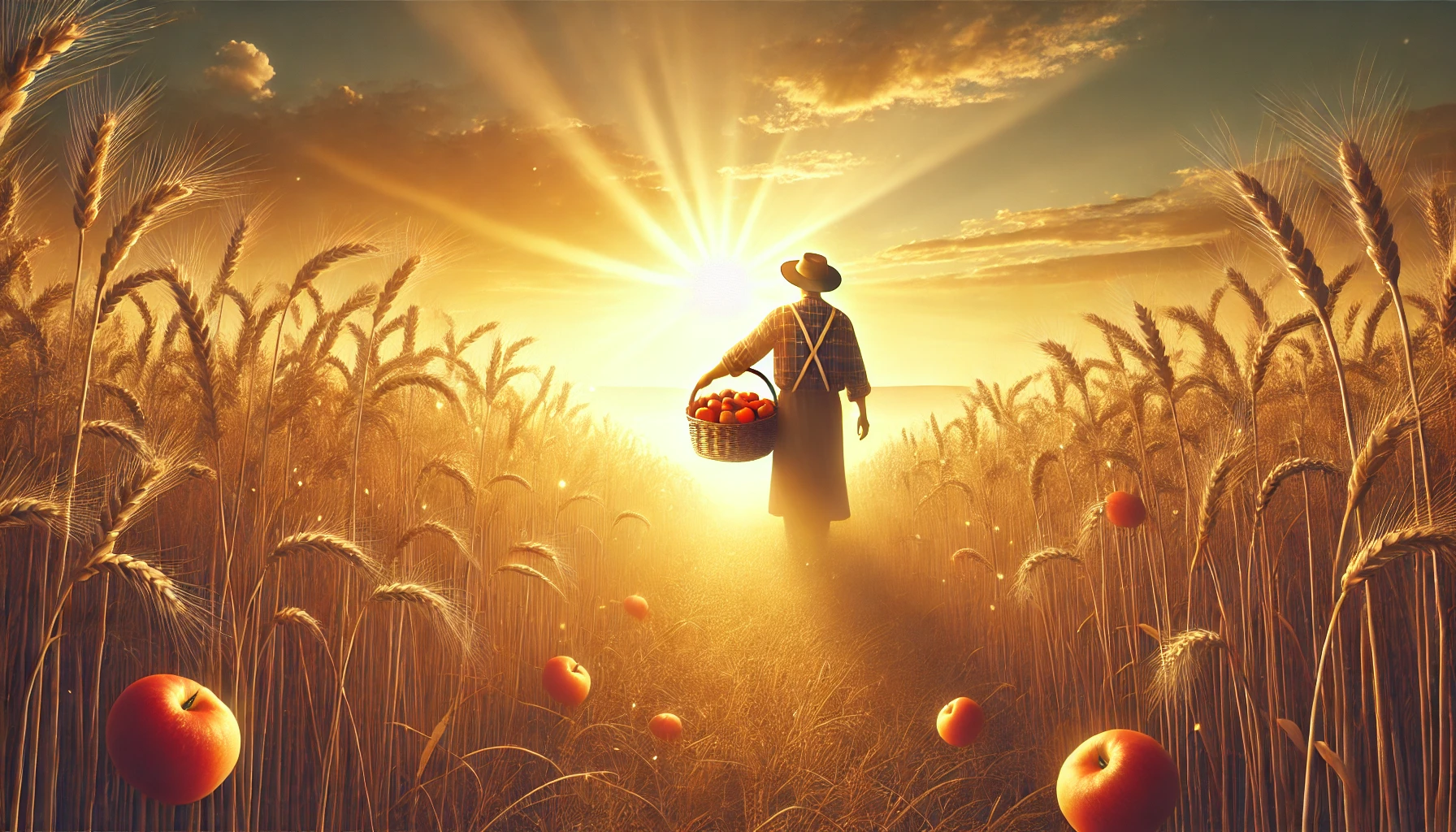 A golden wheat field during sunrise, with a farmer walking through the field carrying a basket of ripe fruit.