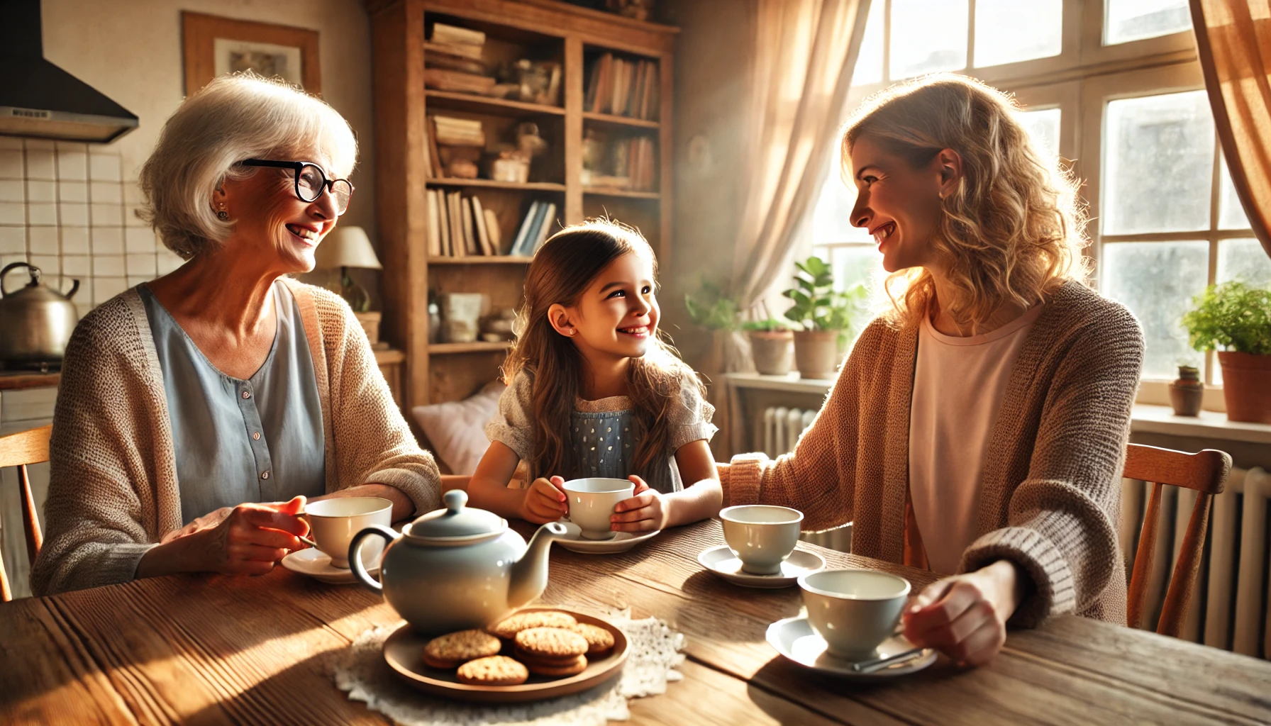 A grandma, mom, and daughter sitting at a cozy wooden table, enjoying tea together in a warm, sunlit room.