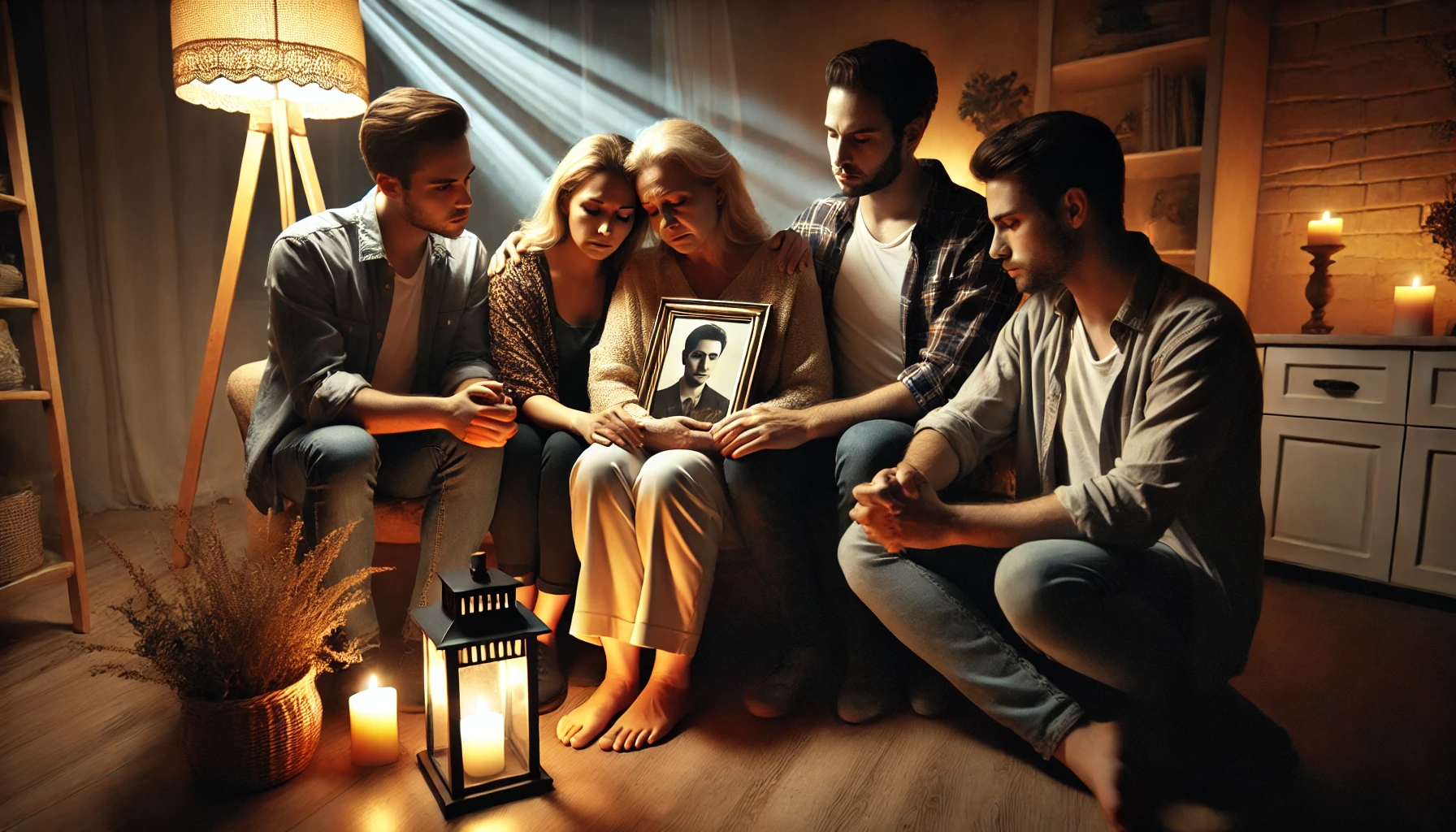 A grieving family sitting together in a living room, supporting a sorrowful mother who has lost her son. The mother sits in the center, holding a fram